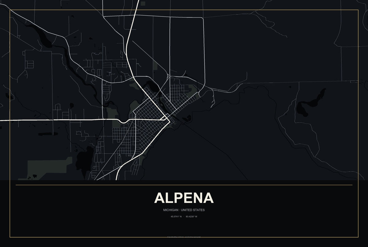 Alpena, Michigan City Map Aluminum Sign in Metropolitan Noir style