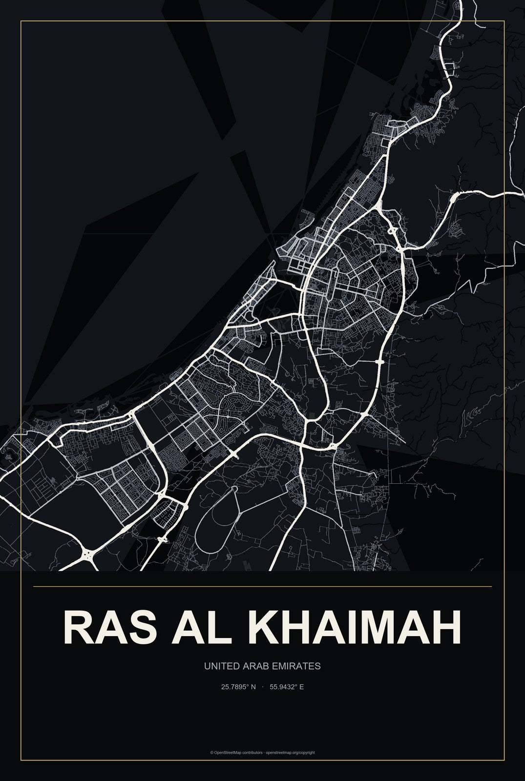 Ras Al Khaimah, United Arab Emirates City Map Aluminum Sign in Metropolitan Noir style
