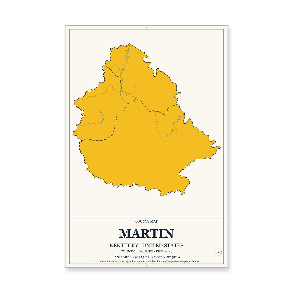 Martin County, Kentucky Map Aluminum Sign in Citrine Modern style