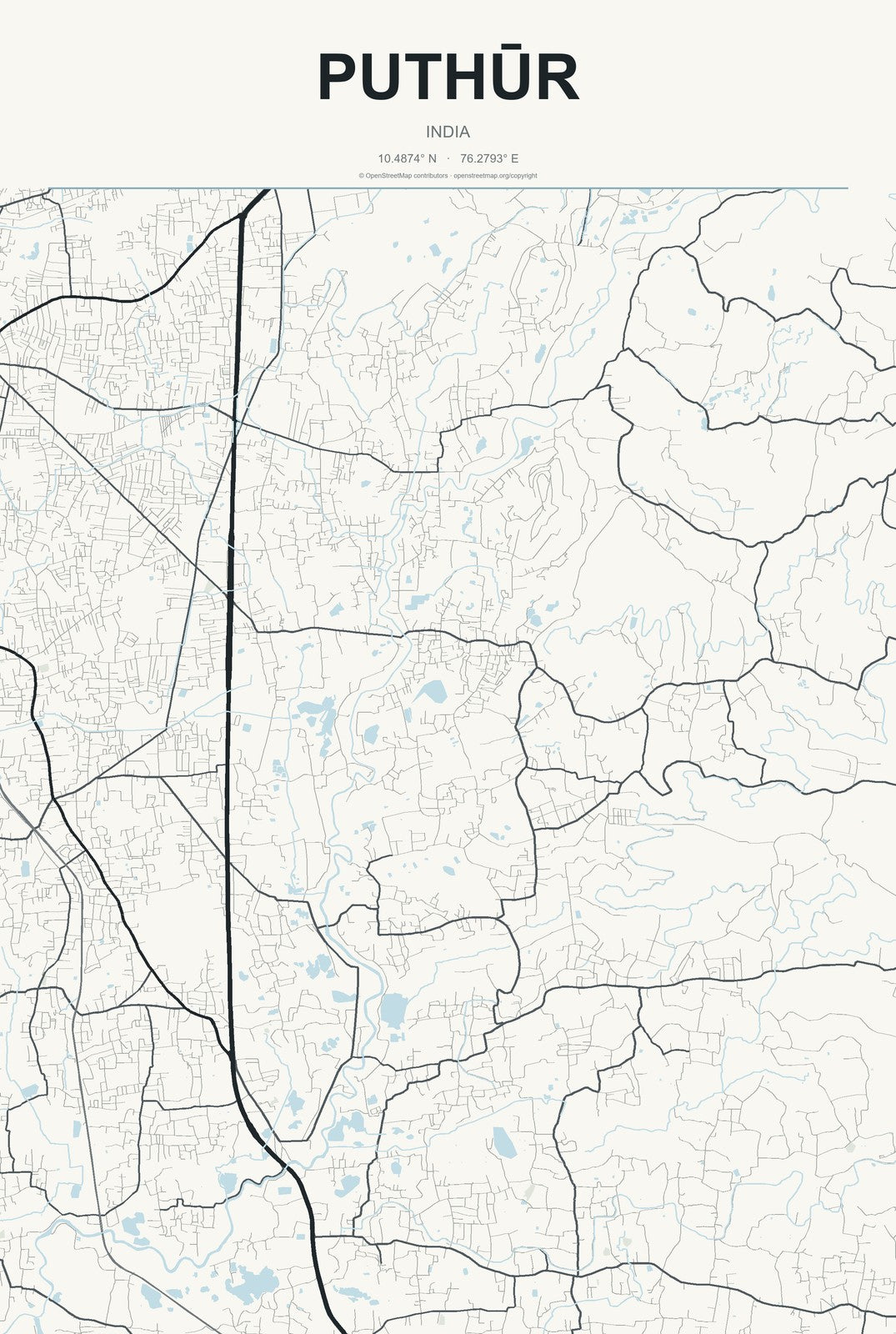 Puthūr, India City Map Aluminum Sign in Headline Atlas style