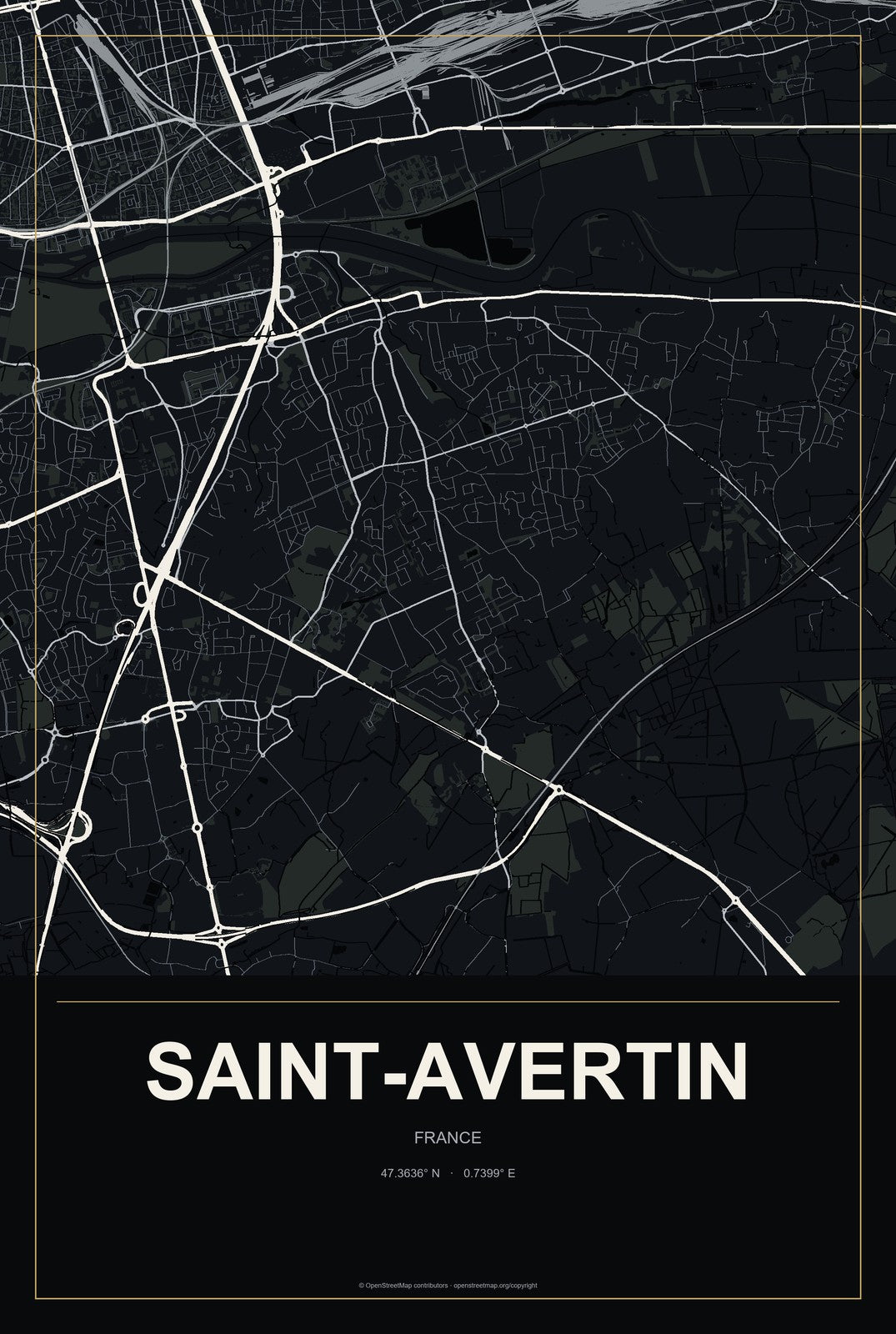 Saint-Avertin, France City Map Aluminum Sign in Metropolitan Noir style