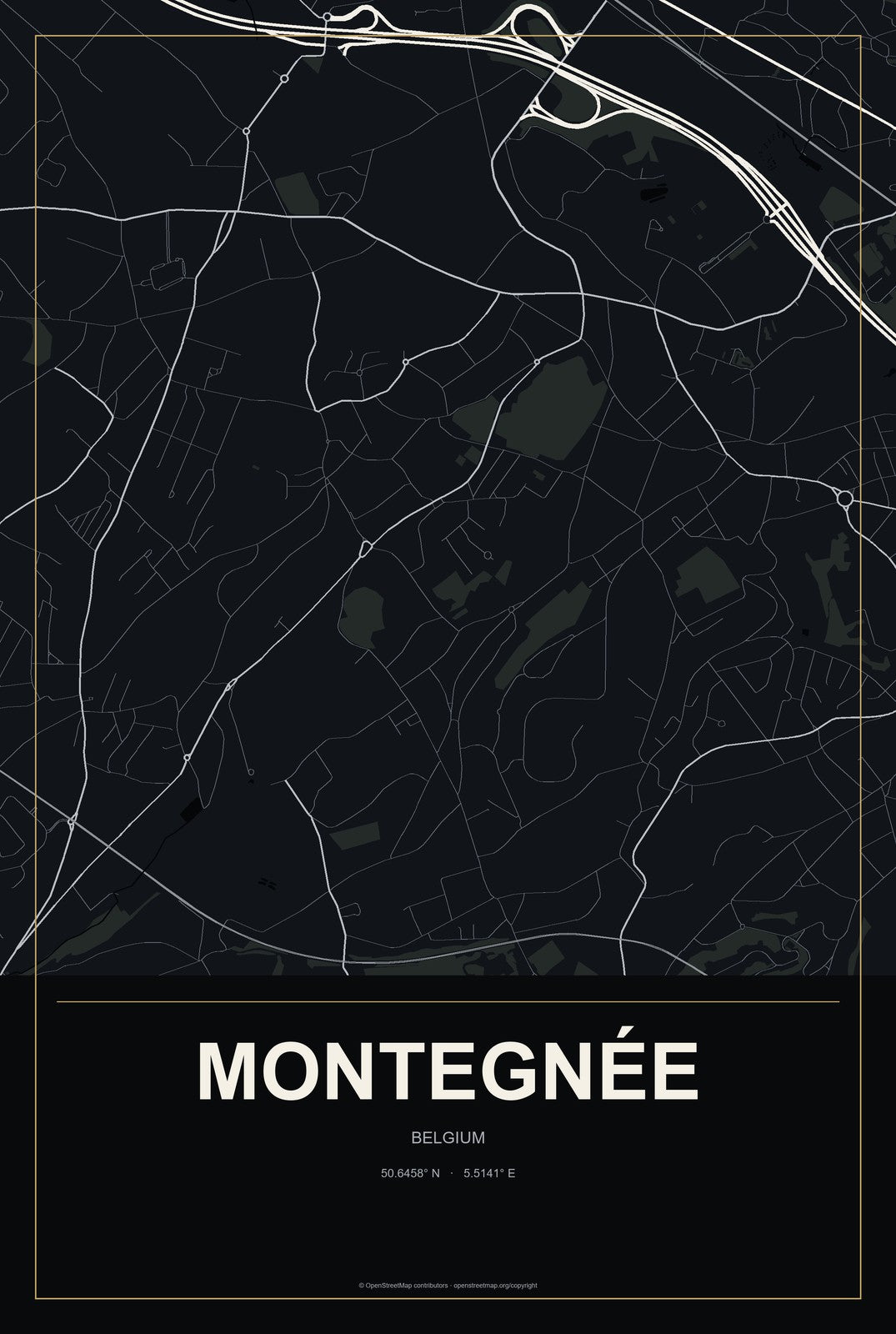 Montegnée, Belgium City Map Aluminum Sign in Metropolitan Noir style