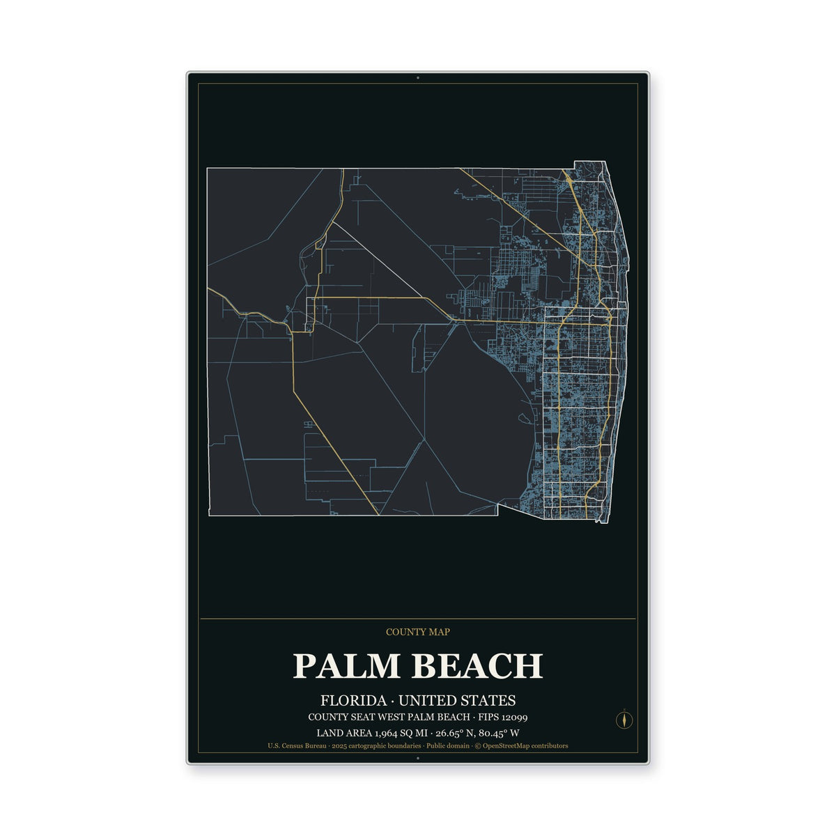 Palm Beach County, Florida Map Aluminum Sign in Metropolitan Noir style