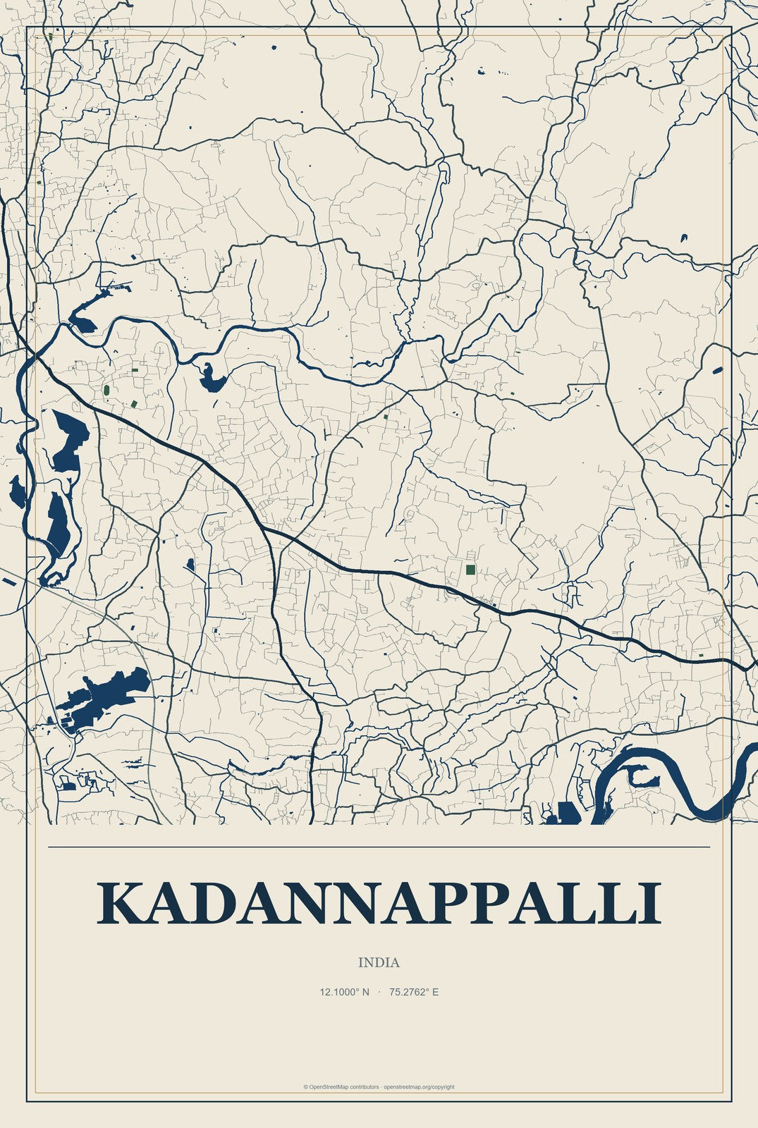 Kadannappalli, India City Map Aluminum Sign in Coastal Cutout style