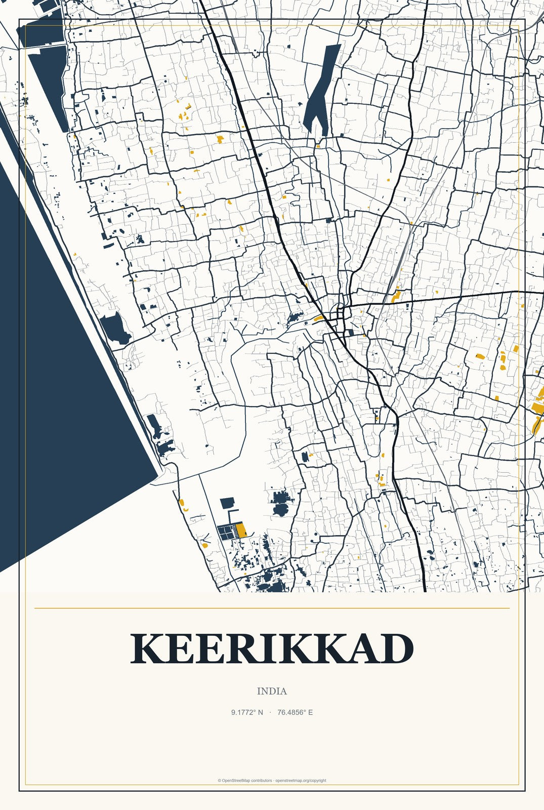 Keerikkad, India City Map Aluminum Sign in Citrine Modern style