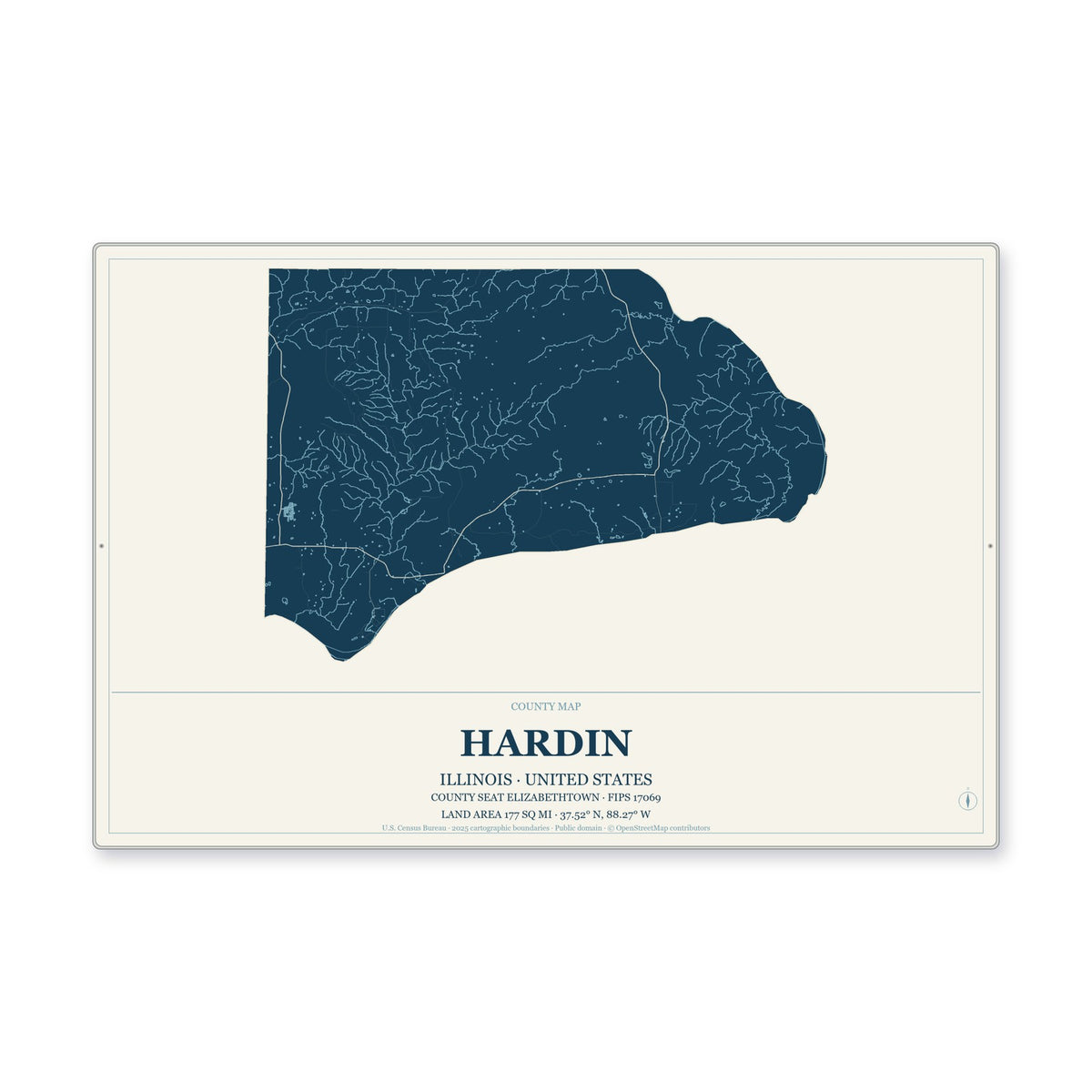 Hardin County, Illinois Map Aluminum Sign in Coastal Cutout style