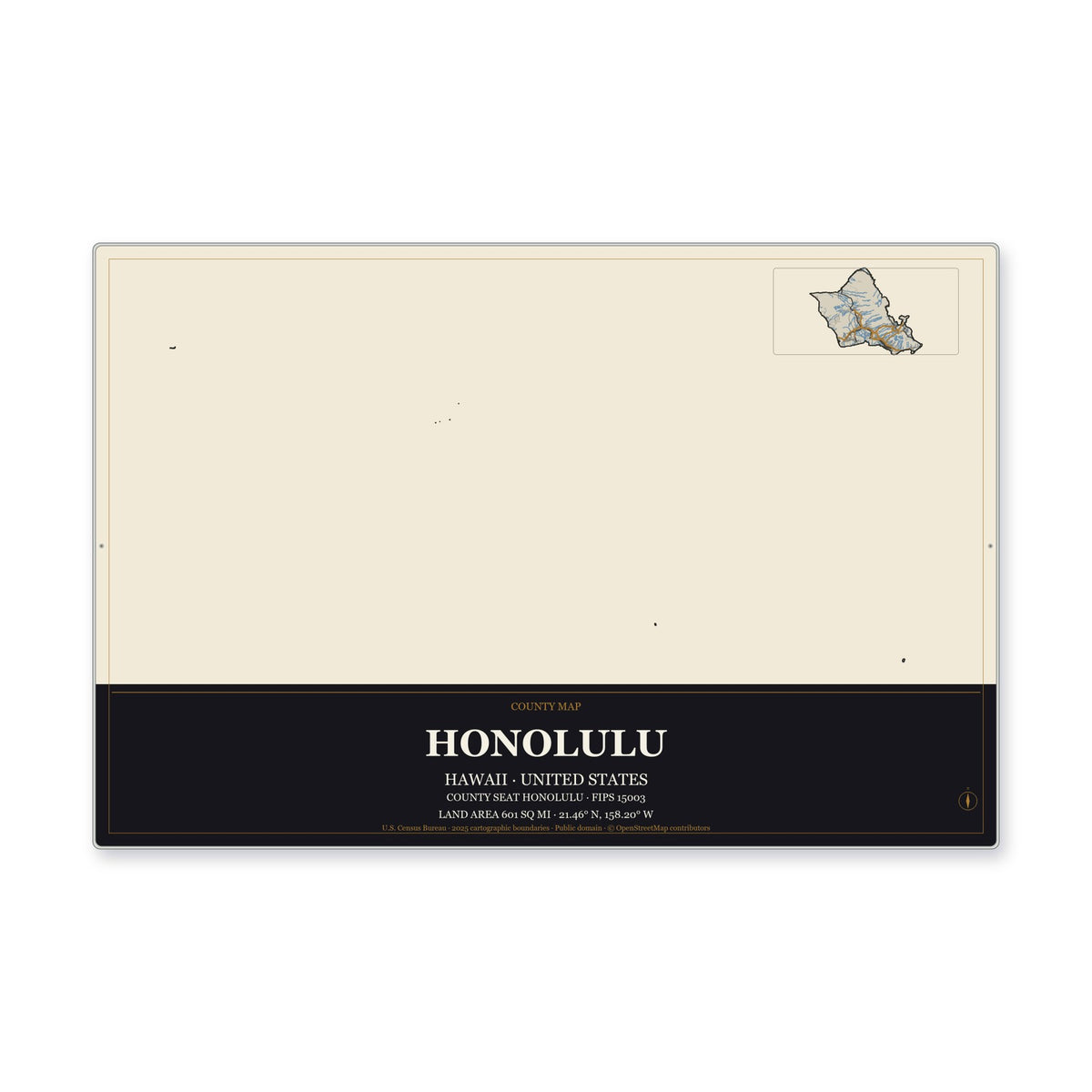 Honolulu County, Hawaii Map Aluminum Sign in Museum Plaque style