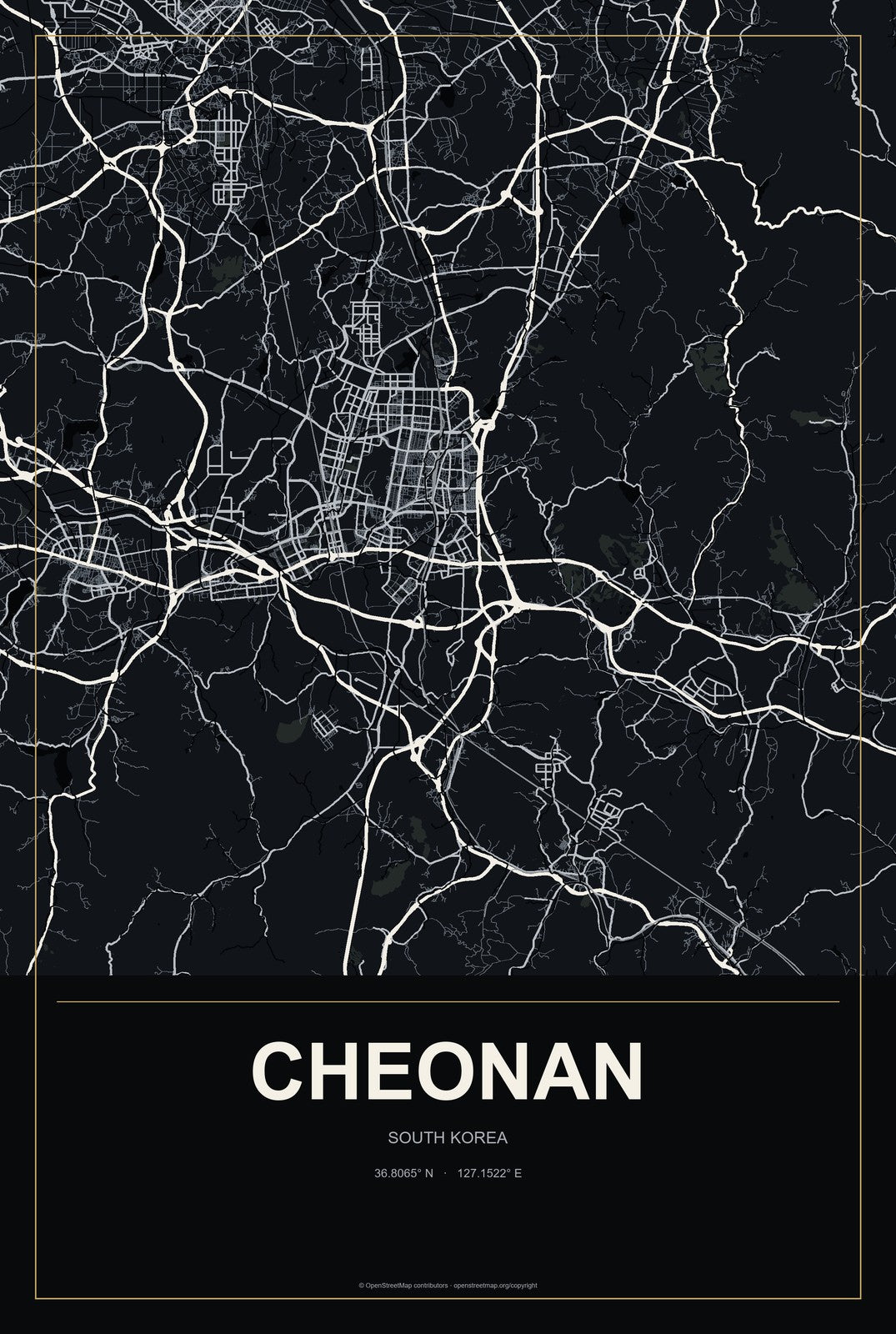 Cheonan, South Korea City Map Aluminum Sign in Metropolitan Noir style