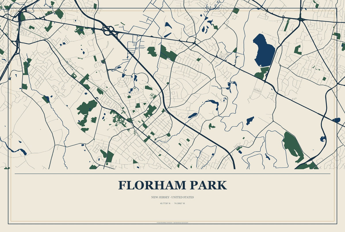 Florham Park, New Jersey City Map Aluminum Sign in Coastal Cutout style