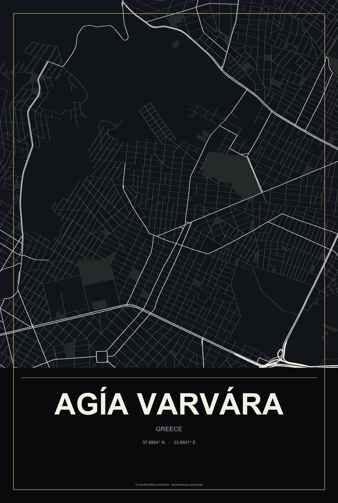 Agía Varvára, Greece City Map Aluminum Sign in Metropolitan Noir style
