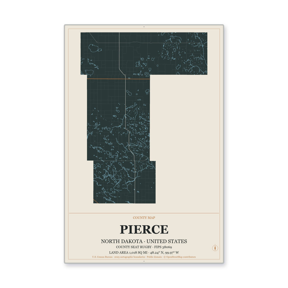 Pierce County, North Dakota Map Aluminum Sign in Headline Atlas style