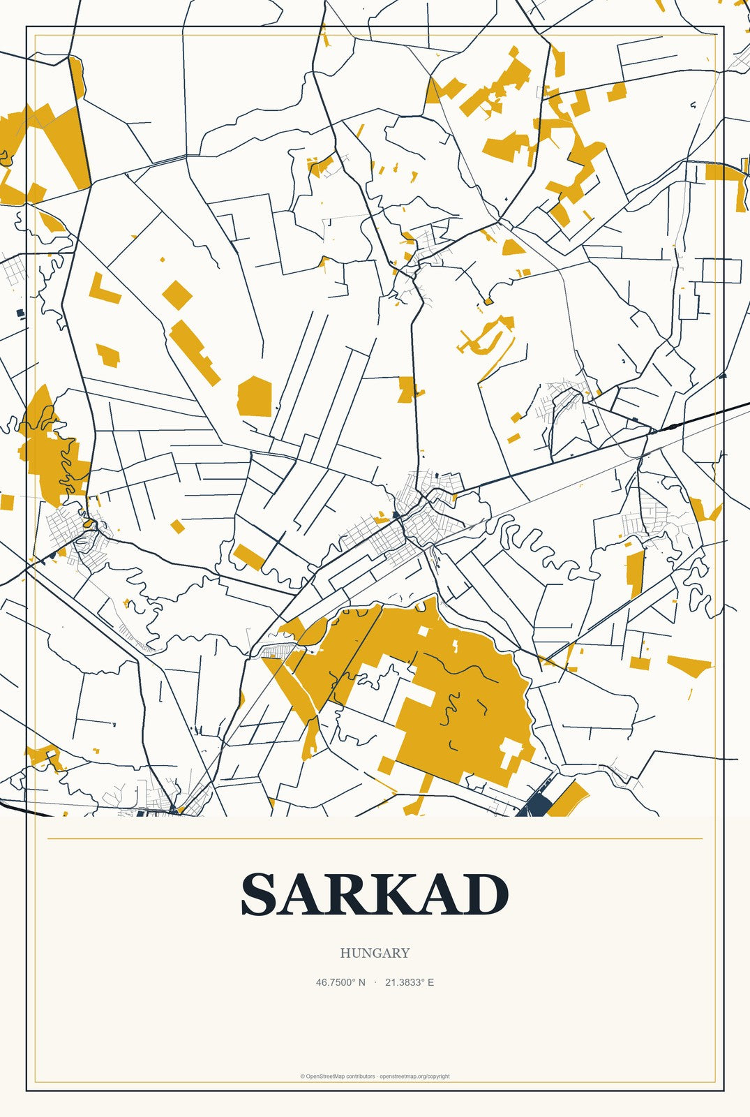 Sarkad, Hungary City Map Aluminum Sign in Citrine Modern style