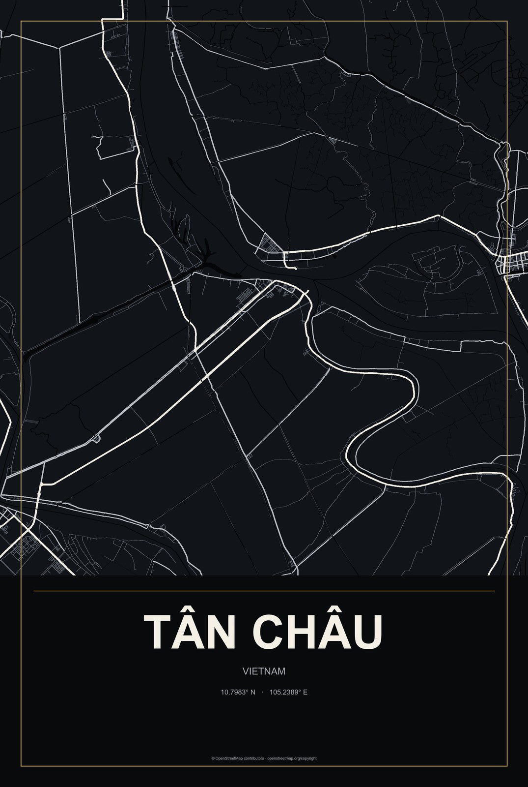 Tân Châu, Vietnam City Map Aluminum Sign in Metropolitan Noir style