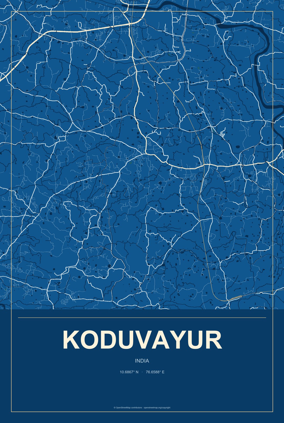 Koduvayur, India City Map Aluminum Sign in Harbor Cobalt style