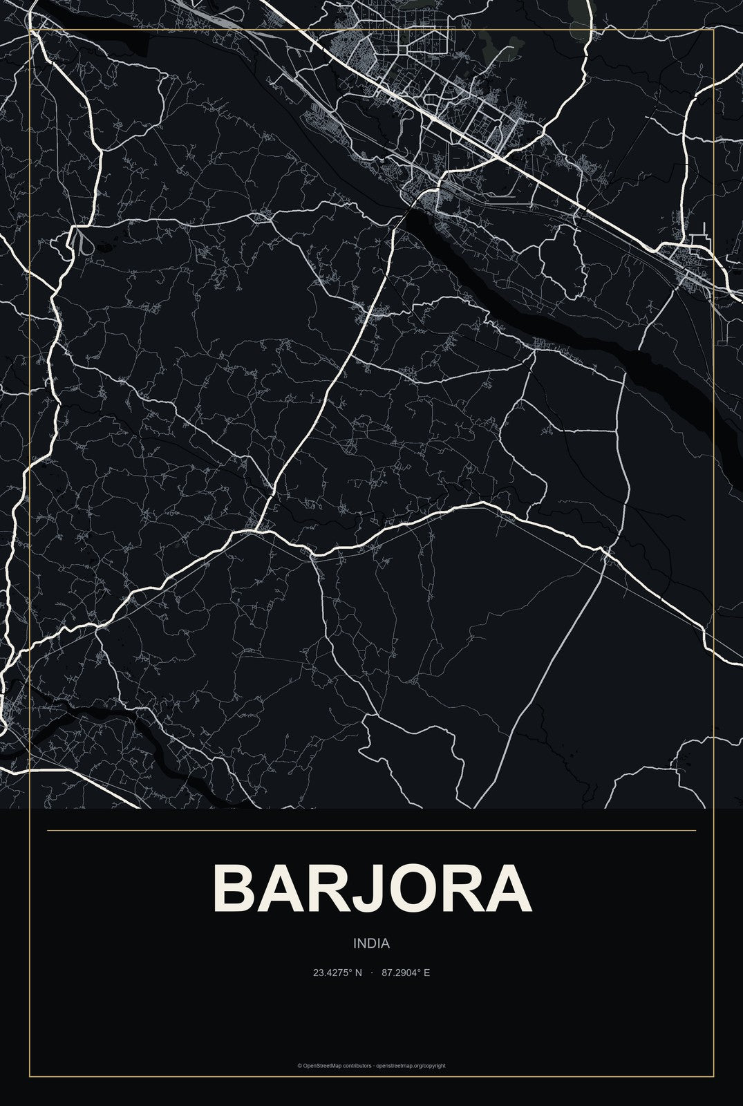 Barjora, India City Map Aluminum Sign in Metropolitan Noir style