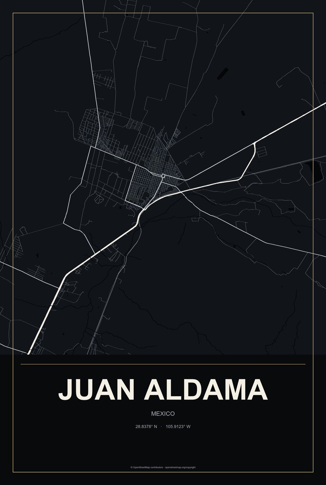Juan Aldama, Chihuahua, Mexico City Map Aluminum Sign in Metropolitan Noir style