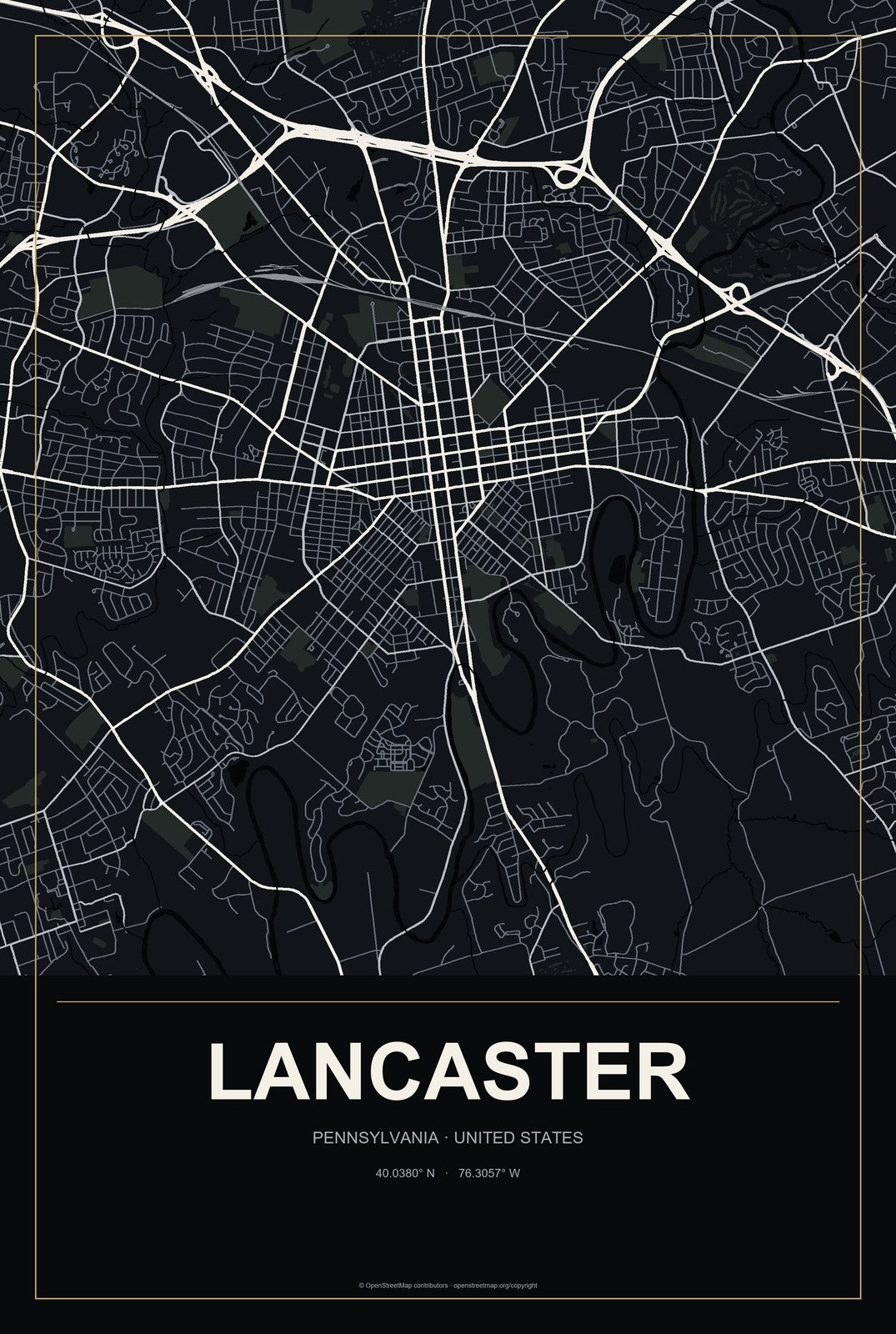 Lancaster, Pennsylvania City Map Aluminum Sign in Metropolitan Noir style