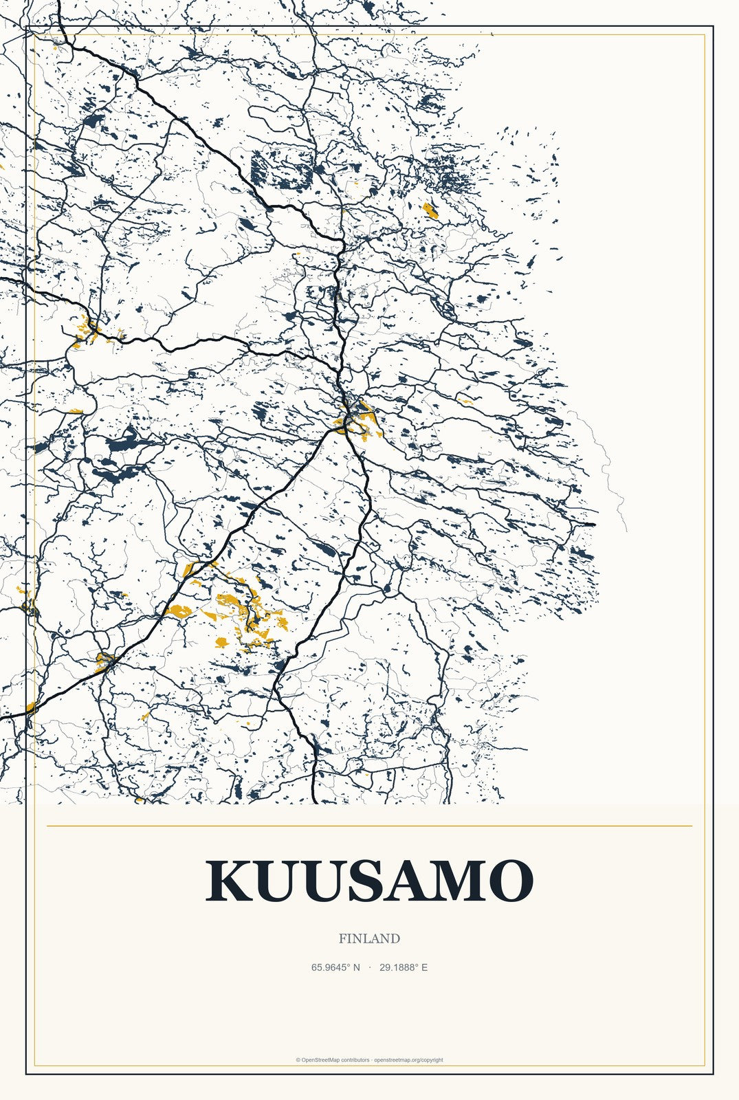 Kuusamo, Finland City Map Aluminum Sign in Citrine Modern style