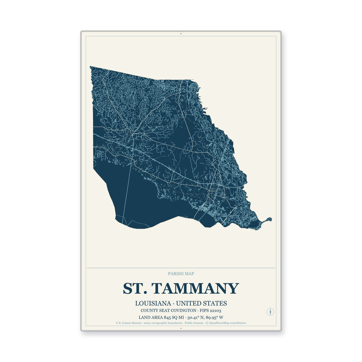 St. Tammany Parish, Louisiana Map Aluminum Sign in Coastal Cutout style