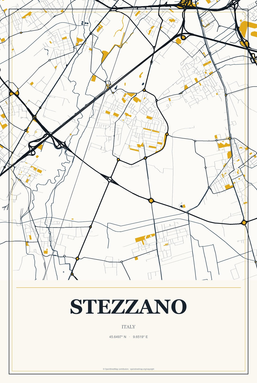 Stezzano, Italy City Map Aluminum Sign in Citrine Modern style
