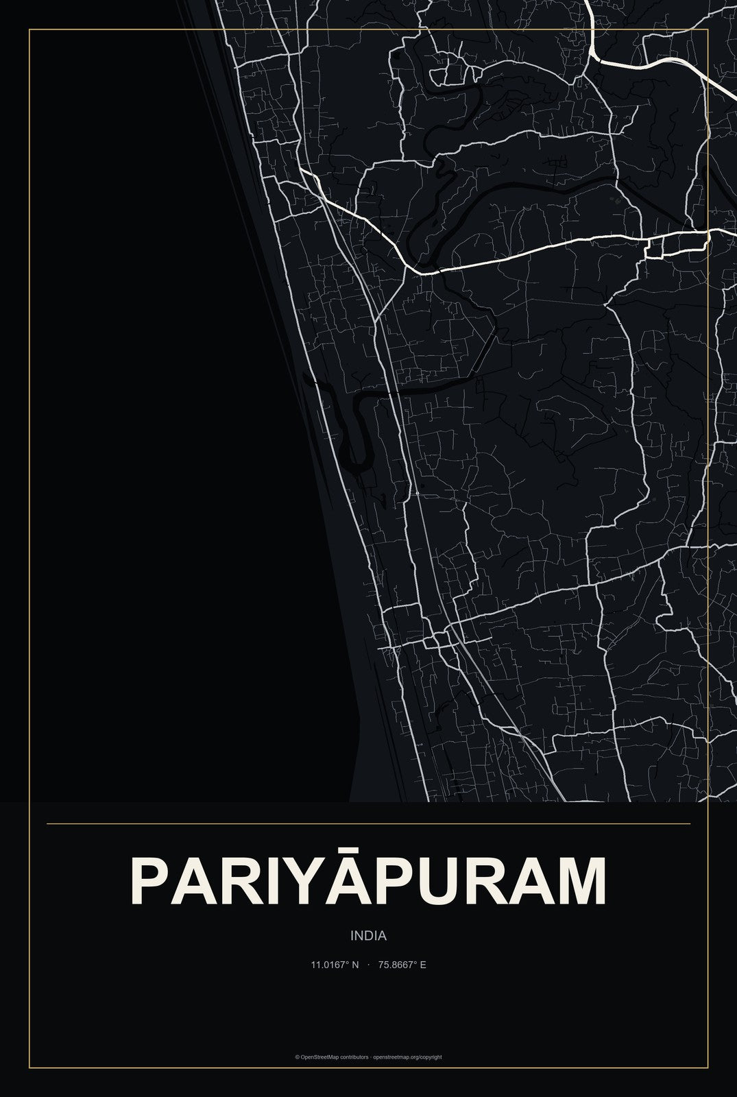 Pariyāpuram, India City Map Aluminum Sign in Metropolitan Noir style
