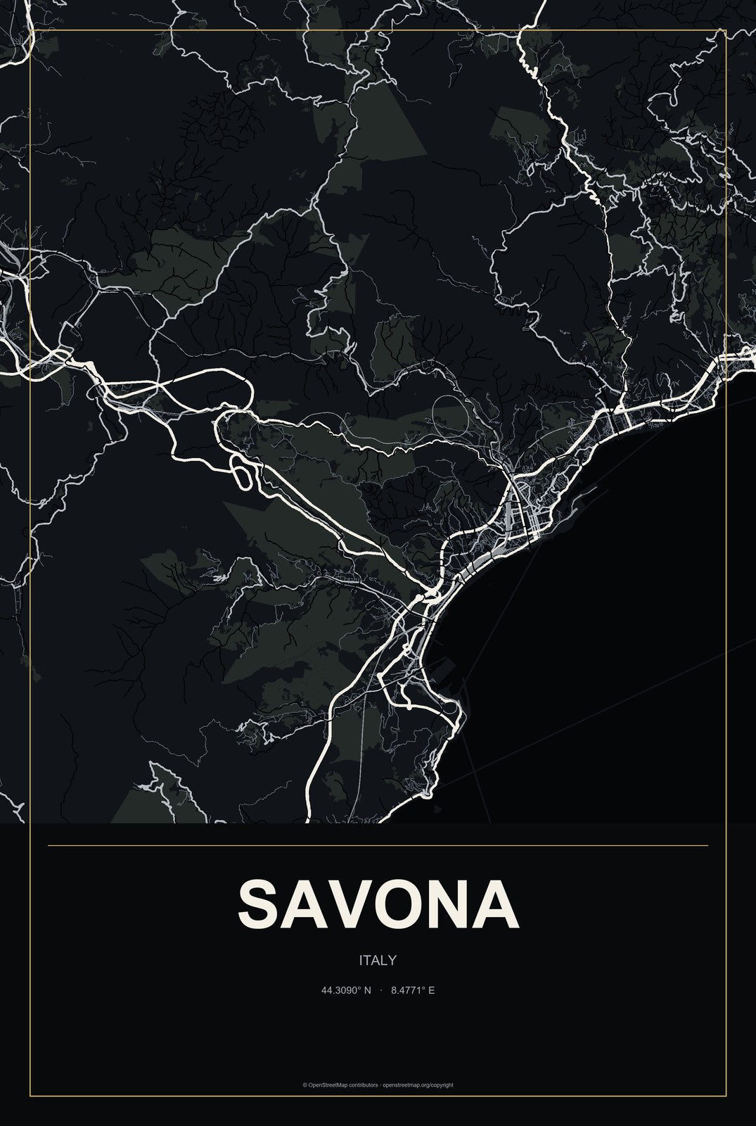Savona, Italy City Map Aluminum Sign in Metropolitan Noir style