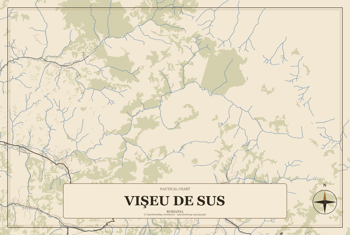 Vişeu de Sus, Romania City Map Aluminum Sign in Heritage Nautical style