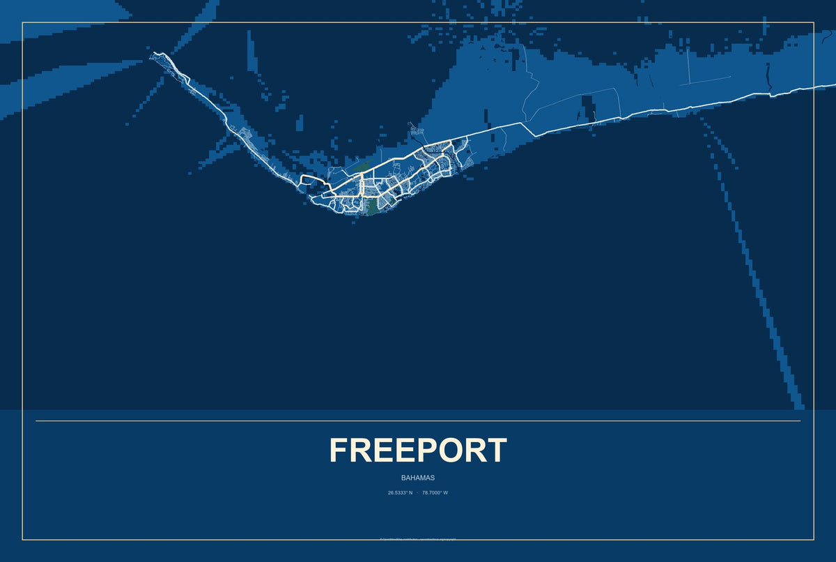 Freeport, Bahamas City Map Aluminum Sign in Harbor Cobalt style