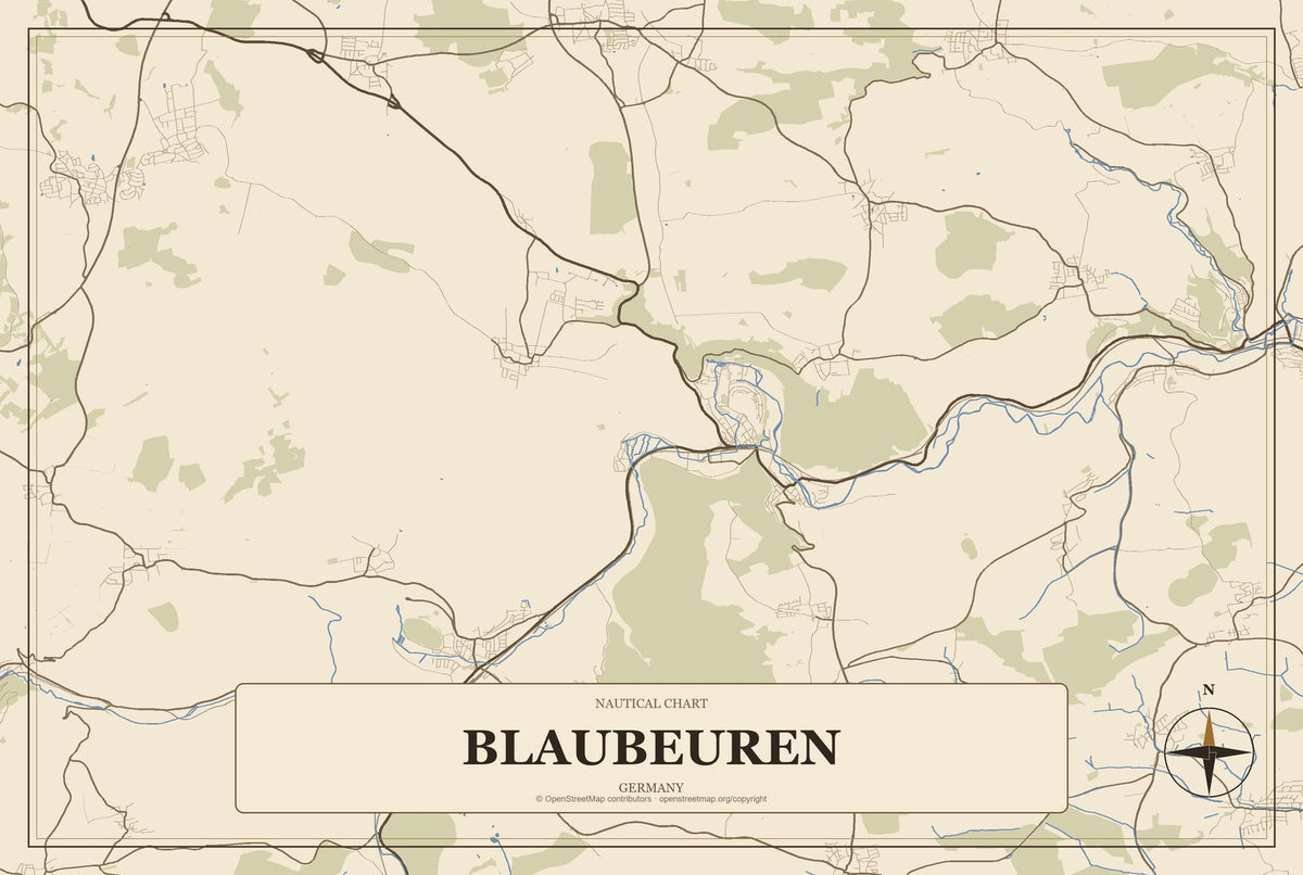 Blaubeuren, Germany City Map Aluminum Sign in Heritage Nautical style