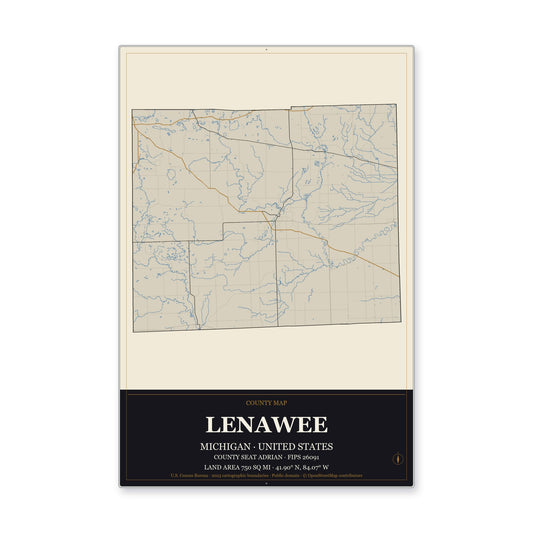 Lenawee County, Michigan Map Aluminum Sign in Museum Plaque style