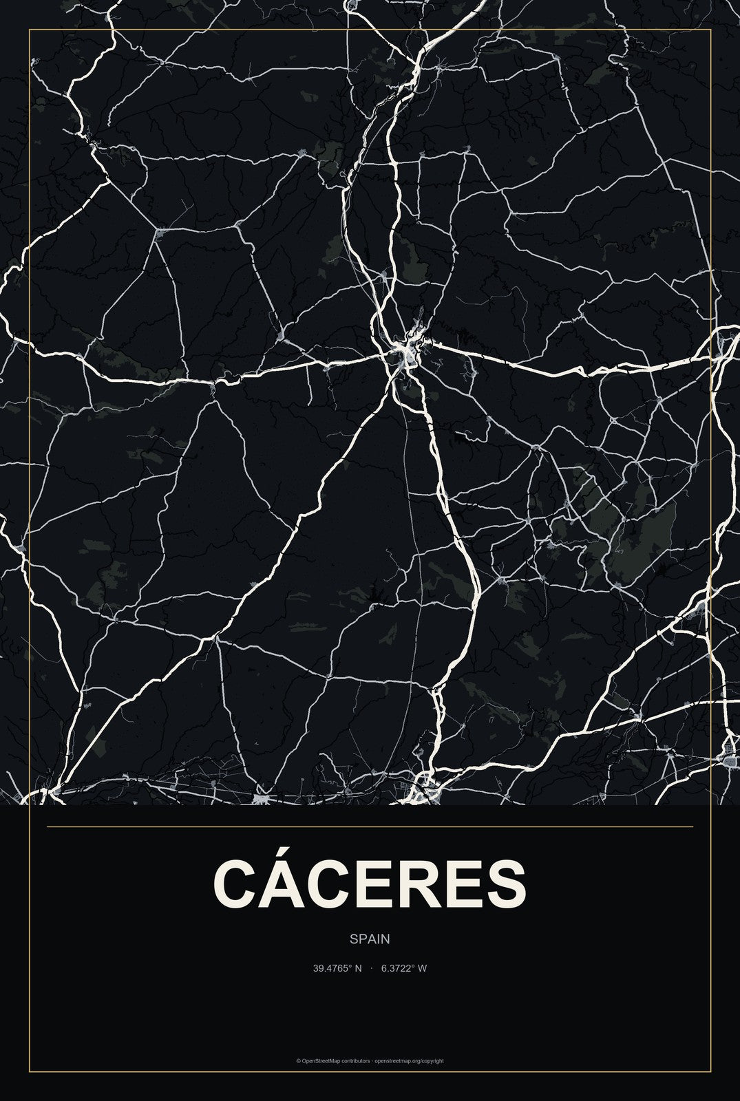 Cáceres, Spain City Map Aluminum Sign in Metropolitan Noir style