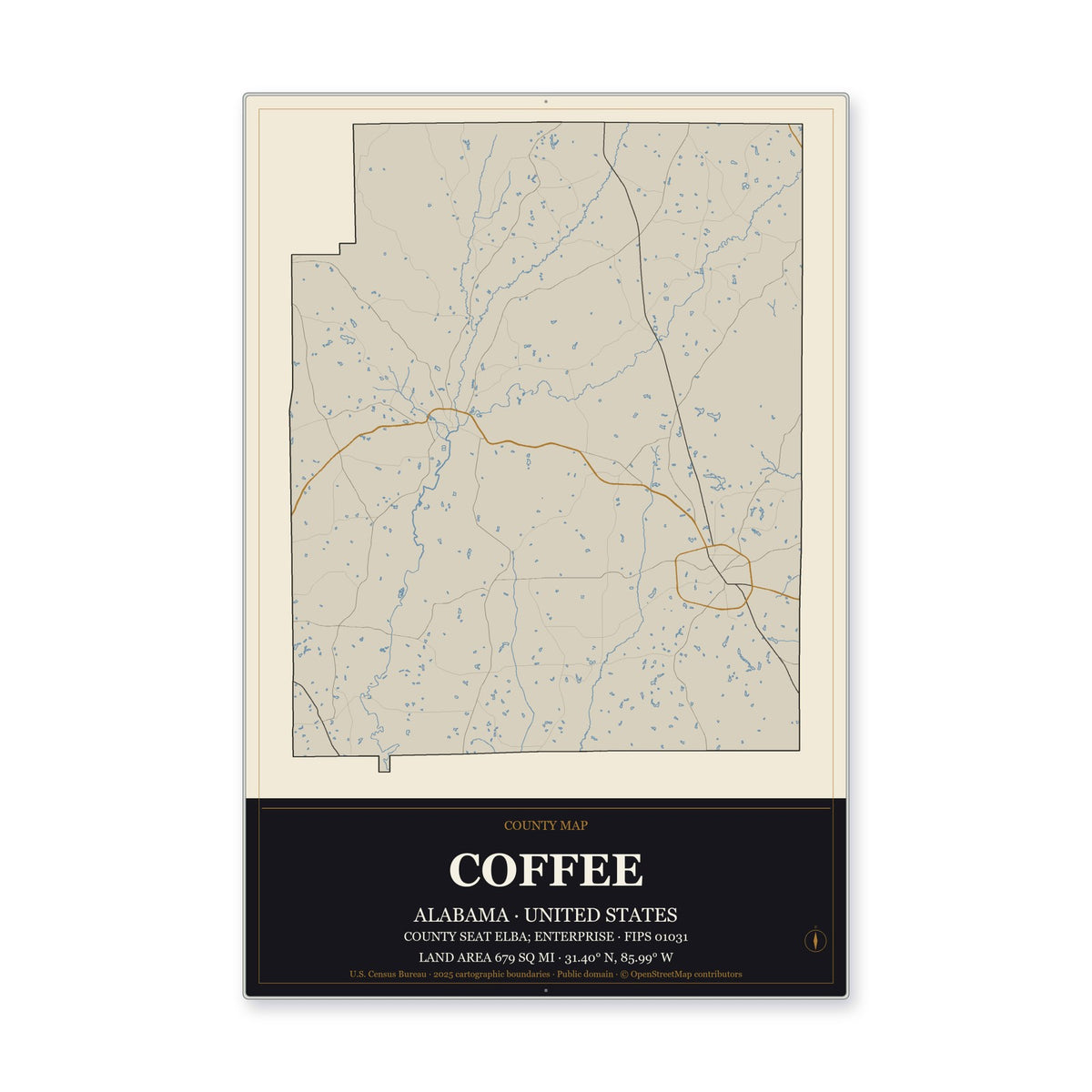 Coffee County, Alabama Map Aluminum Sign in Museum Plaque style