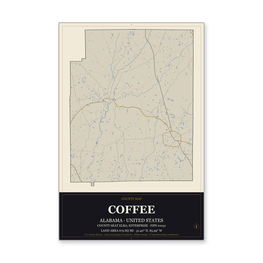 Coffee County, Alabama Map Aluminum Sign in Museum Plaque style