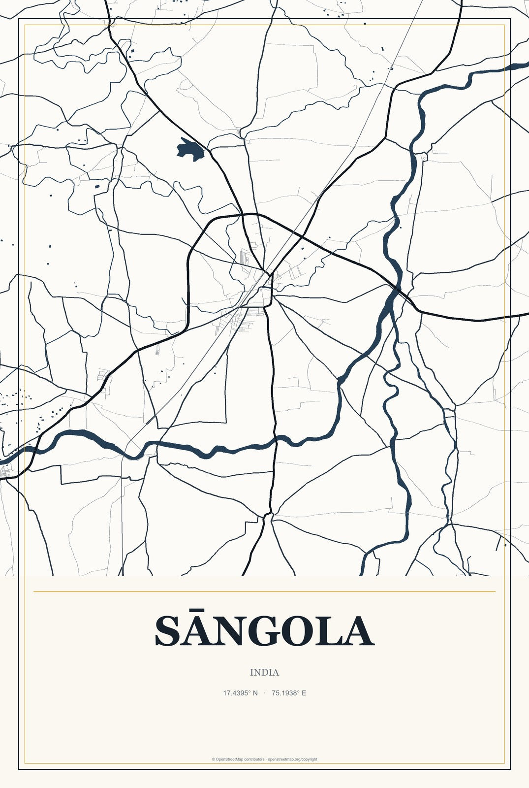 Sāngola, India City Map Aluminum Sign in Citrine Modern style