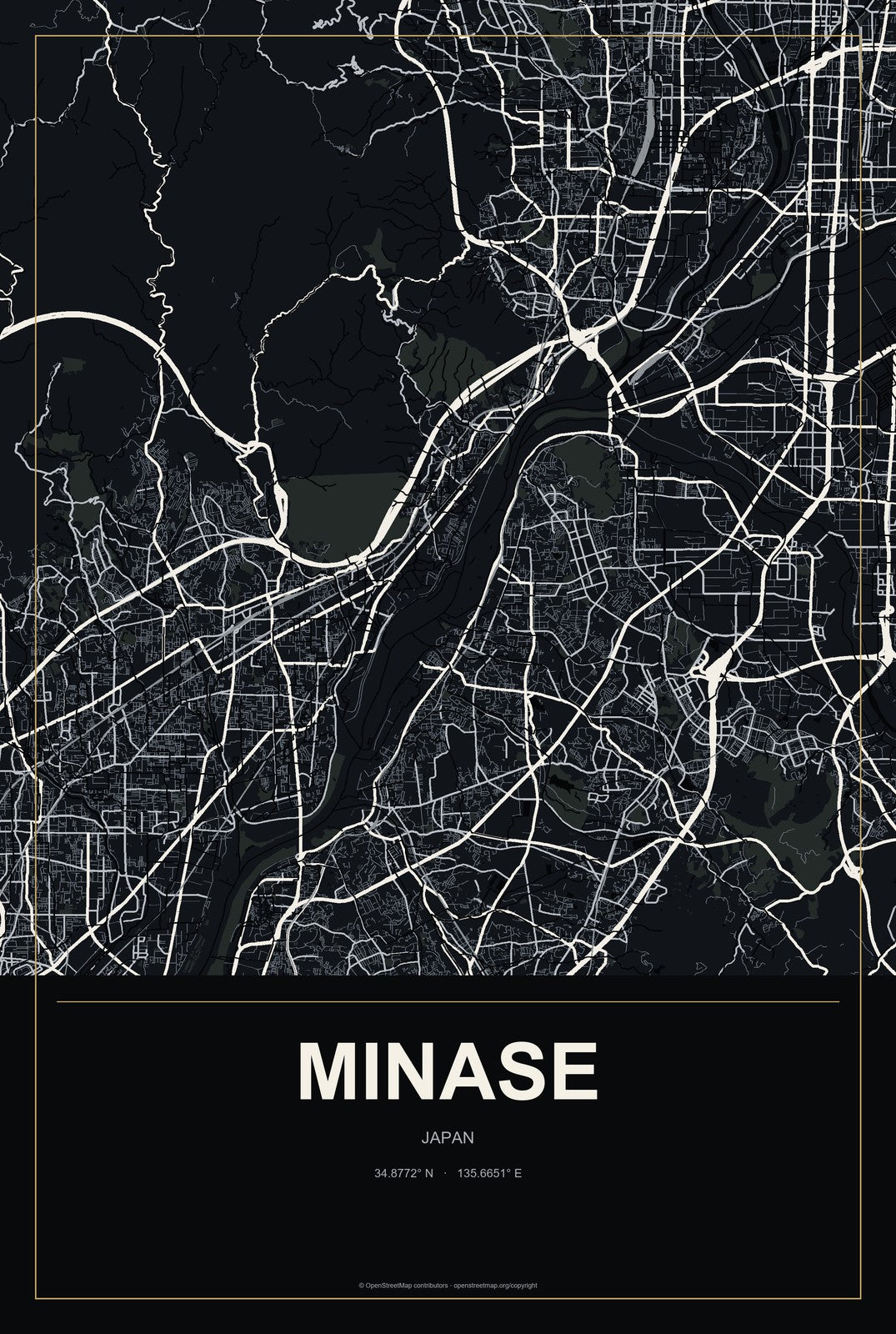 Minase, Japan City Map Aluminum Sign in Metropolitan Noir style
