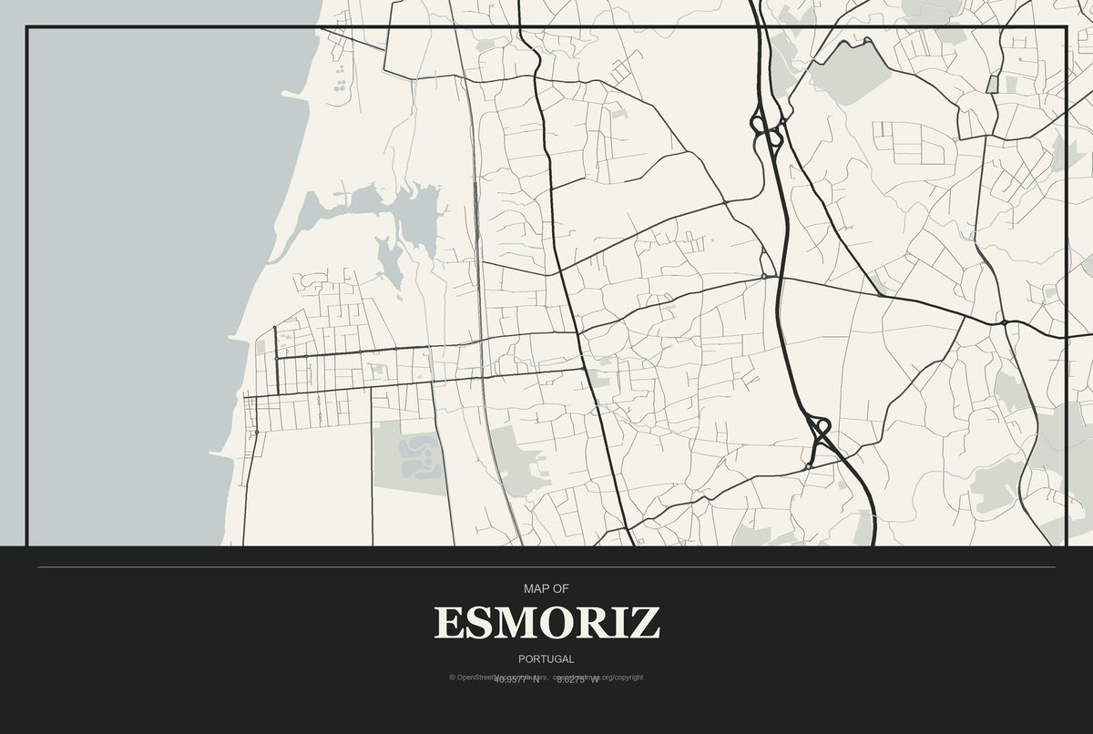 Esmoriz, Portugal City Map Aluminum Sign in Museum Plaque style