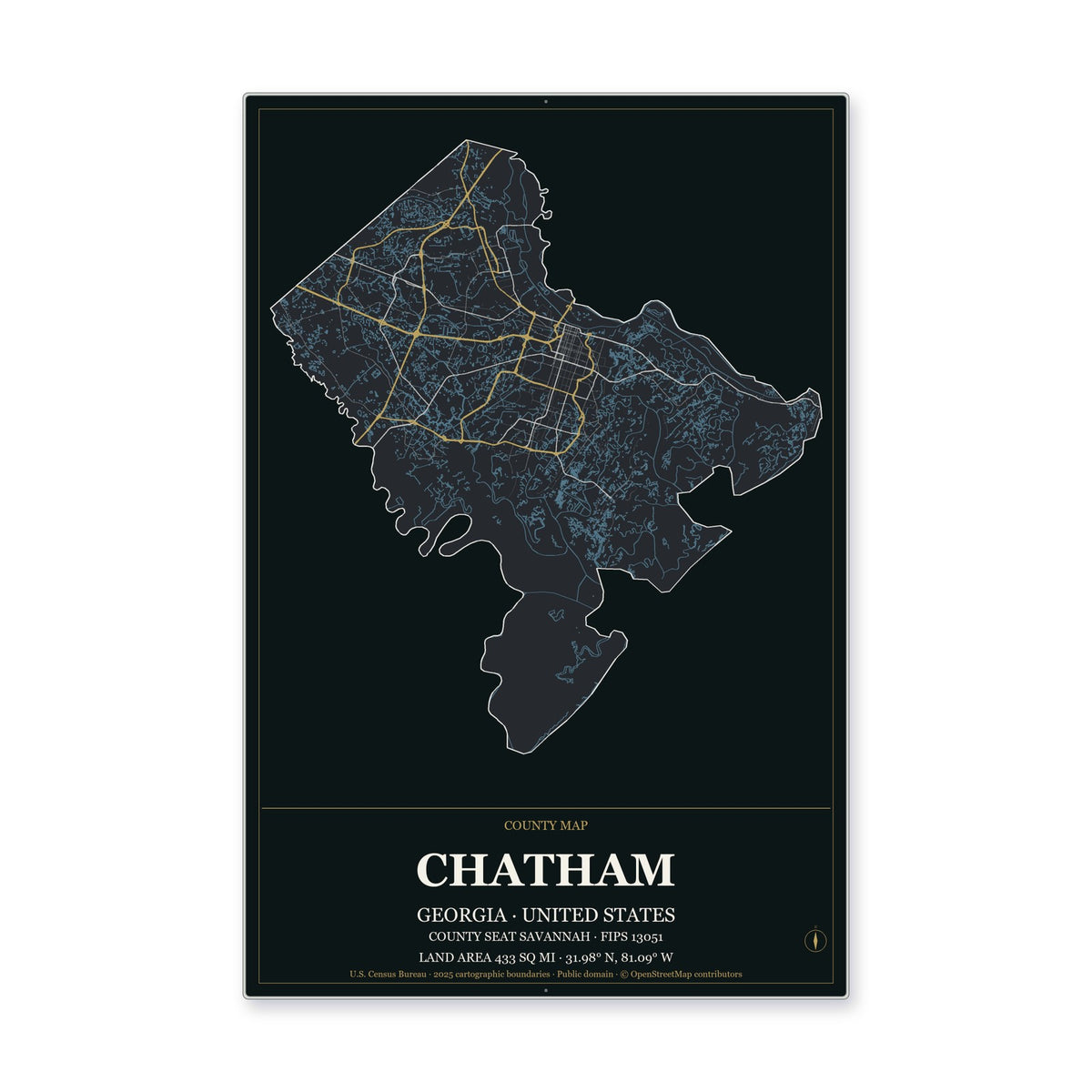 Chatham County, Georgia Map Aluminum Sign in Metropolitan Noir style