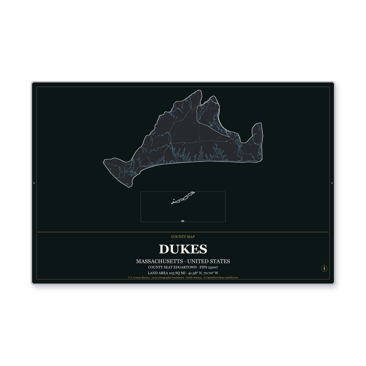 Dukes County, Massachusetts Map Aluminum Sign in Metropolitan Noir style