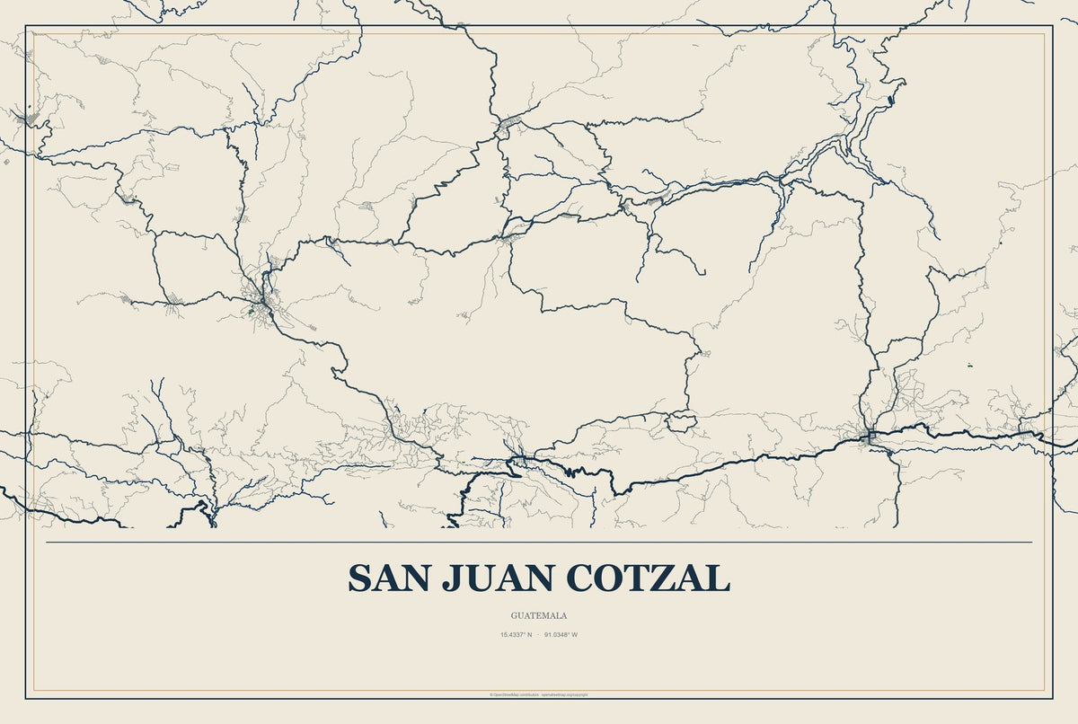 San Juan Cotzal, Guatemala City Map Aluminum Sign in Coastal Cutout style