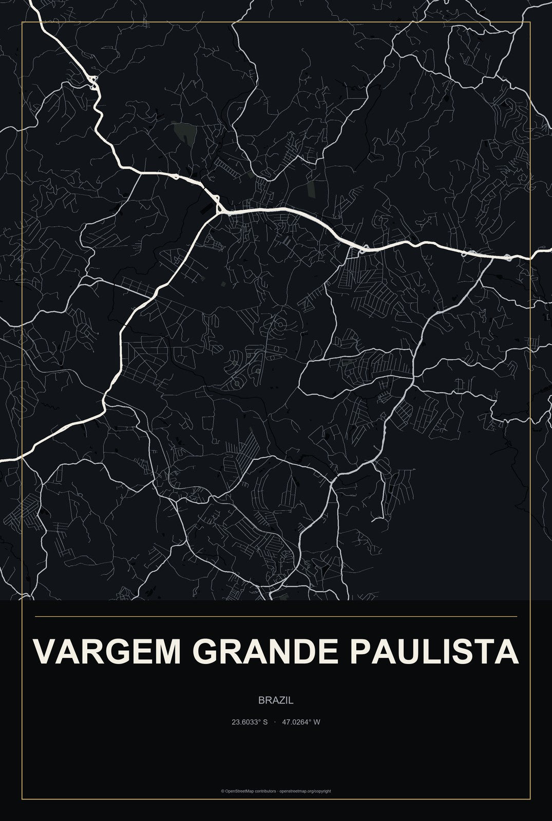 Vargem Grande Paulista, Brazil City Map Aluminum Sign in Metropolitan Noir style