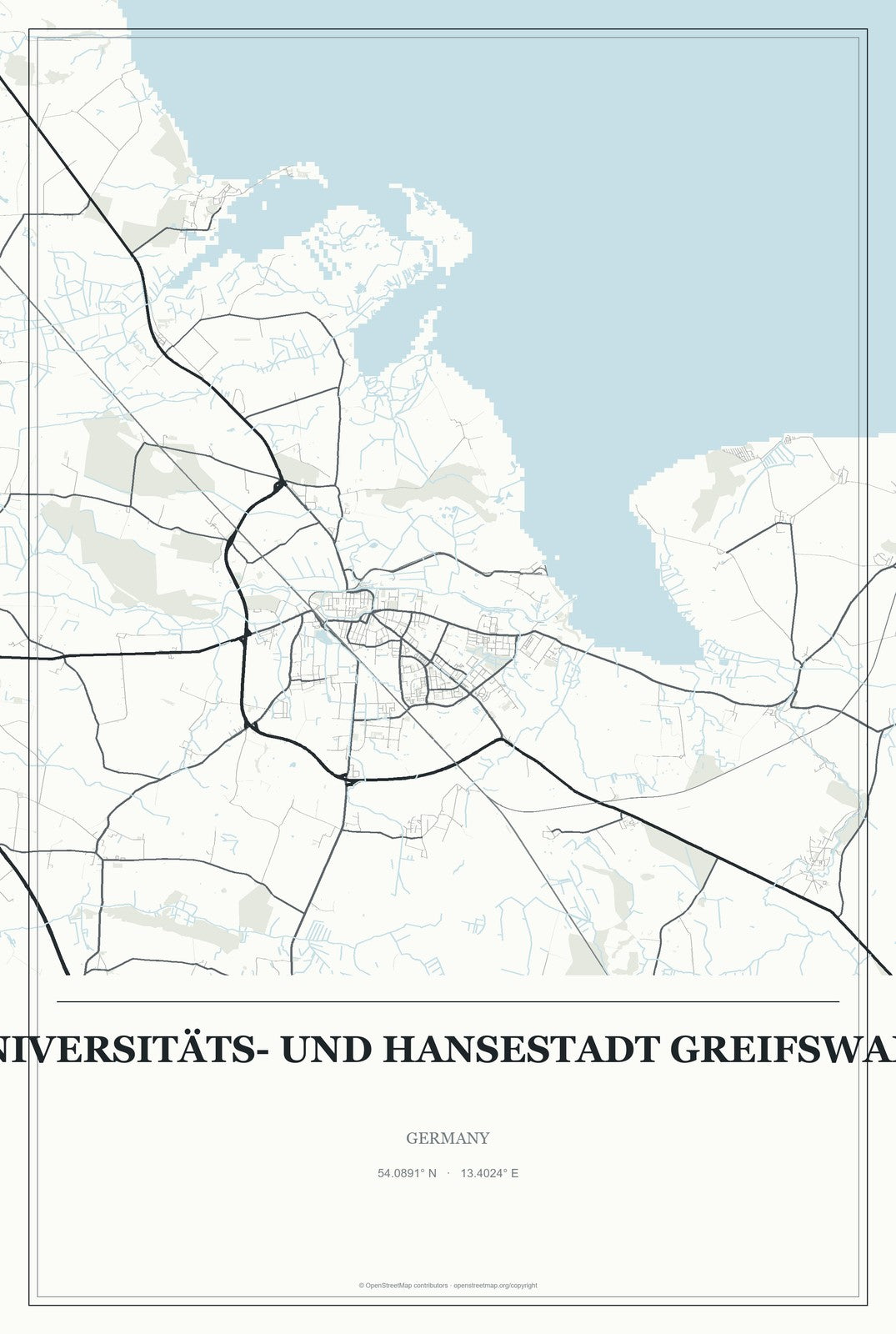 Universitäts- und Hansestadt Greifswald, Germany City Map Aluminum Sign in Gallery Air style