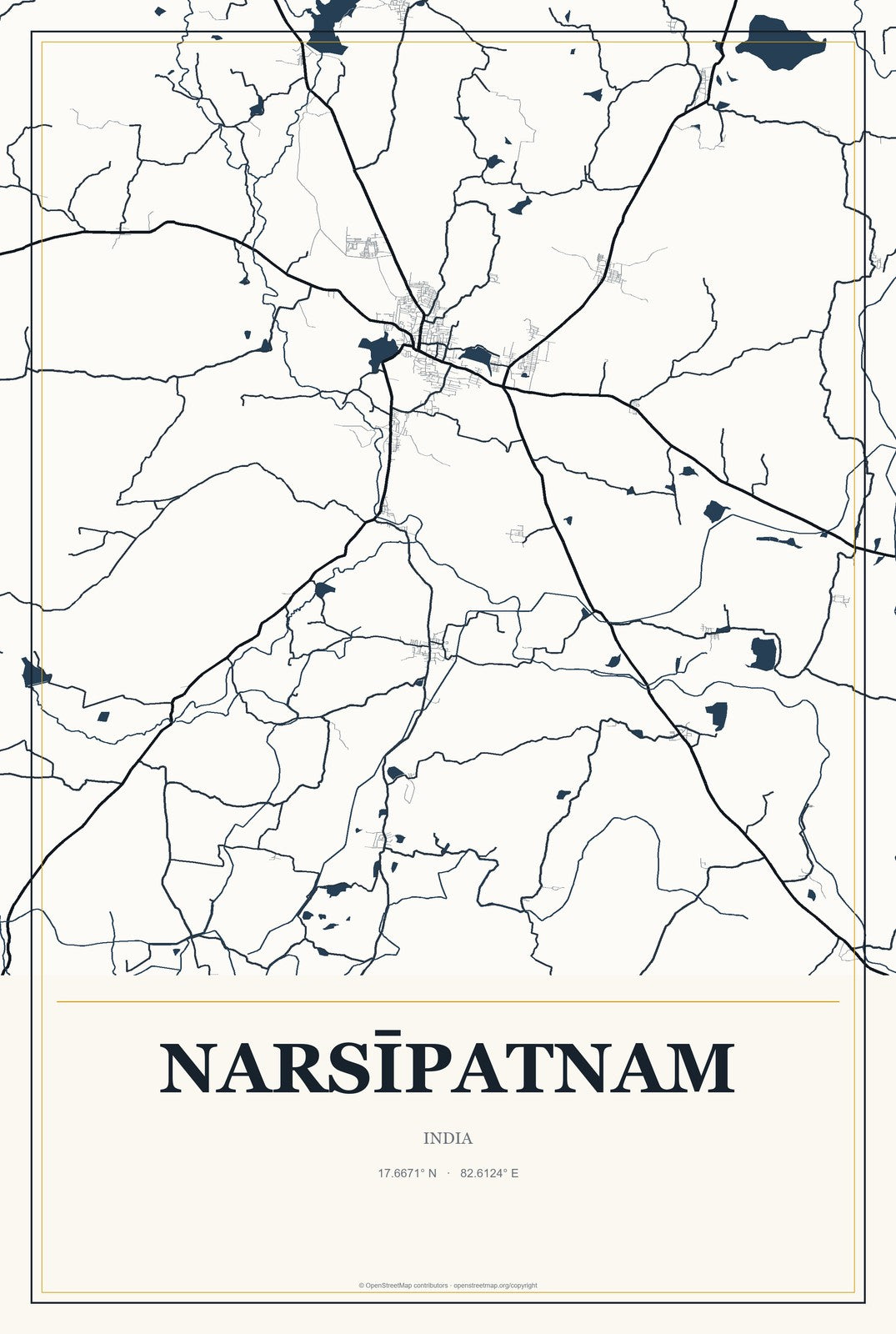 Narsīpatnam, India City Map Aluminum Sign in Citrine Modern style