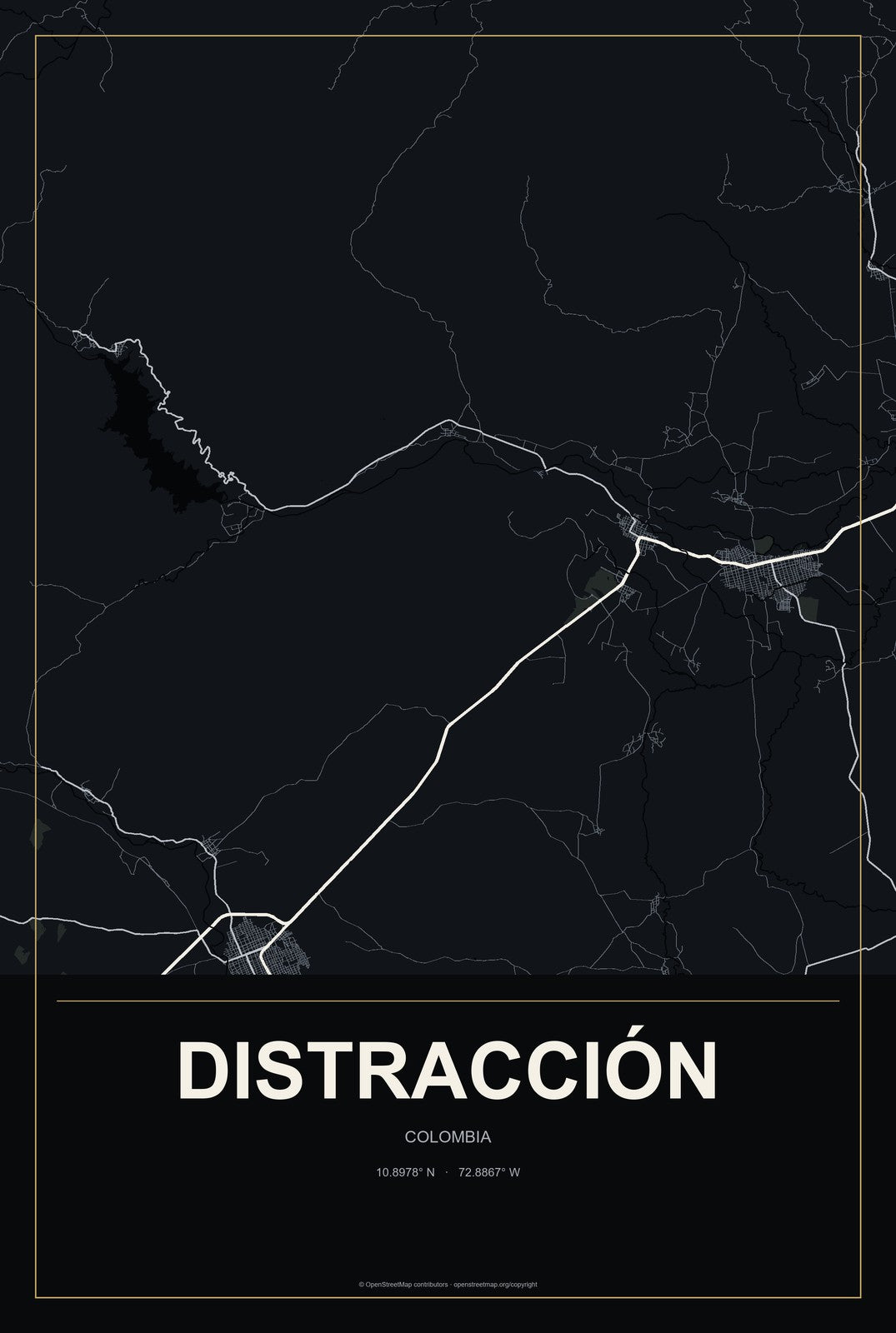 Distracción, Colombia City Map Aluminum Sign in Metropolitan Noir style