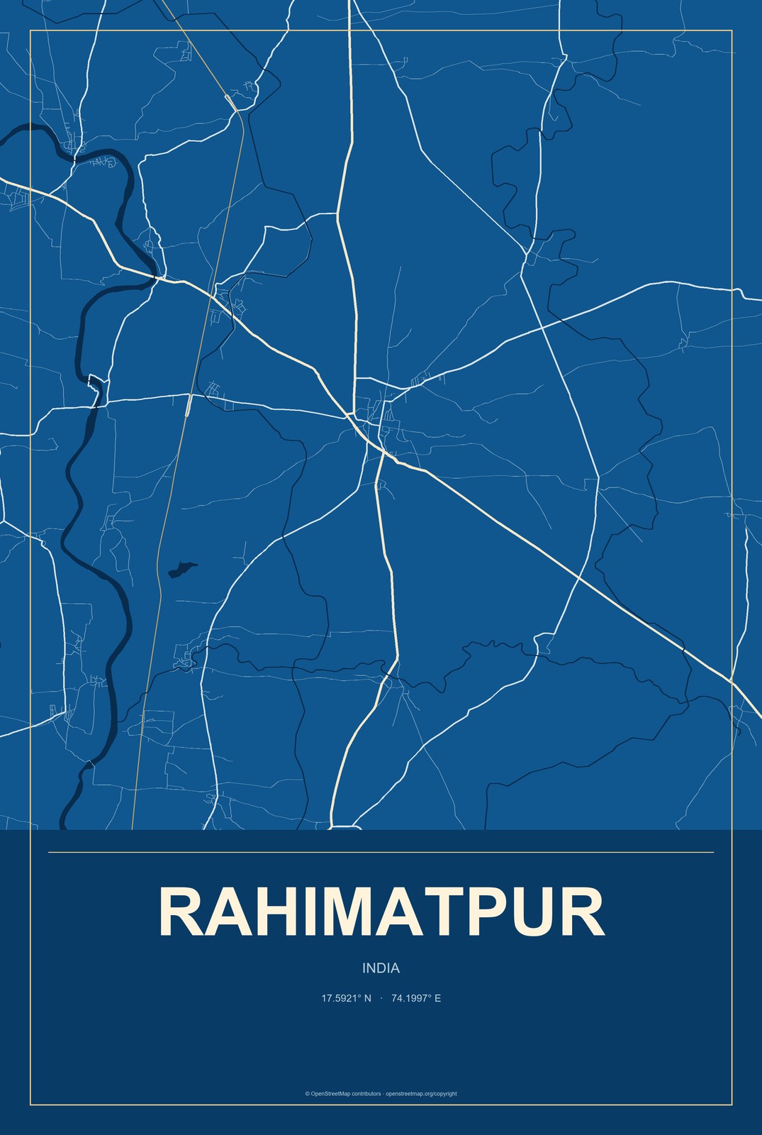 Rahimatpur, India City Map Aluminum Sign in Harbor Cobalt style