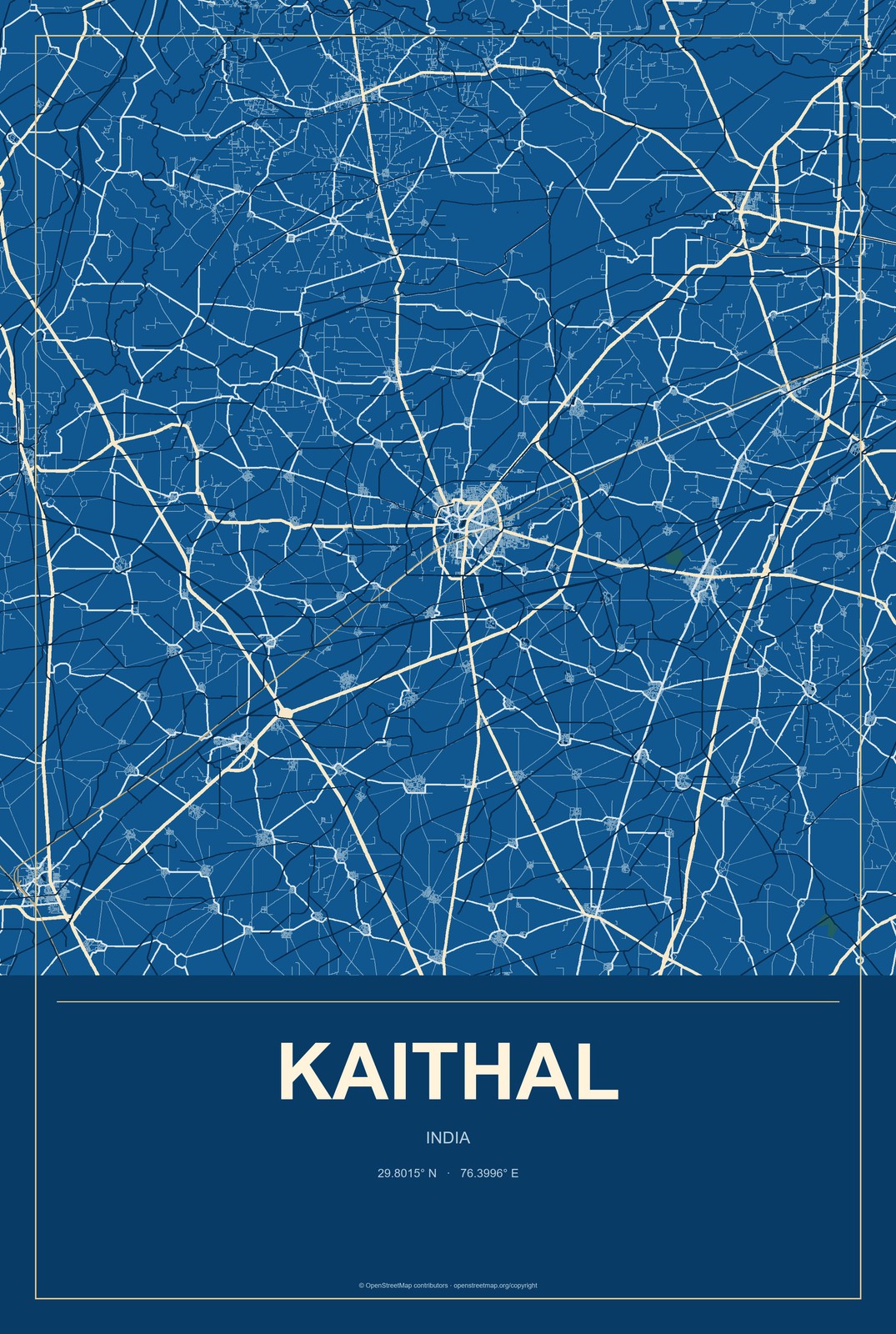 Kaithal, India City Map Aluminum Sign in Harbor Cobalt style