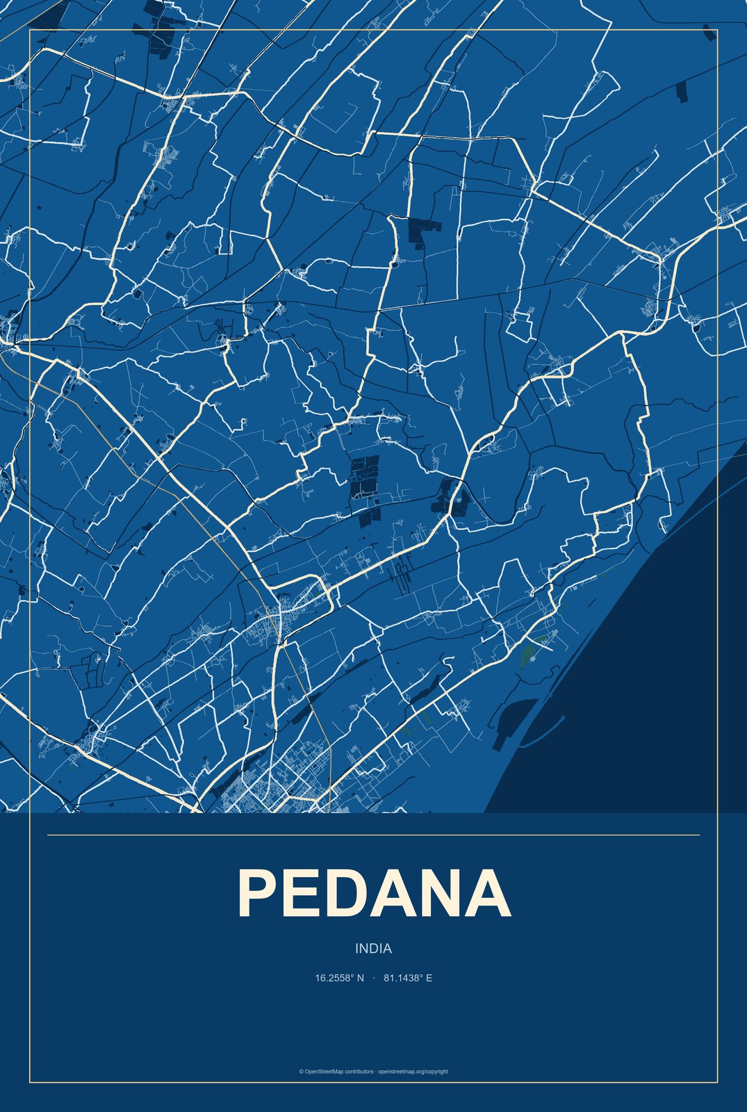 Pedana, India City Map Aluminum Sign in Harbor Cobalt style