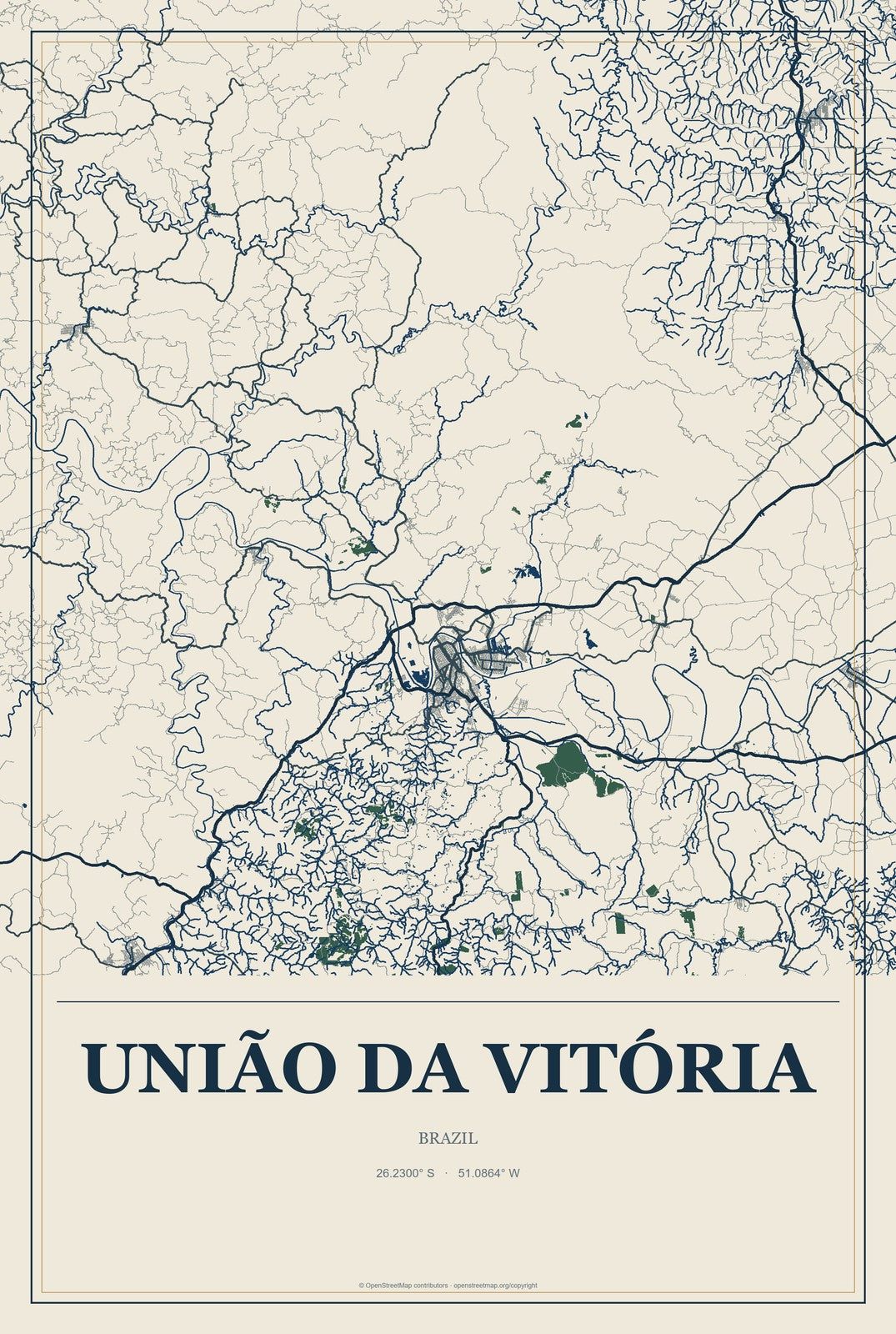 União da Vitória, Brazil City Map Aluminum Sign in Coastal Cutout style