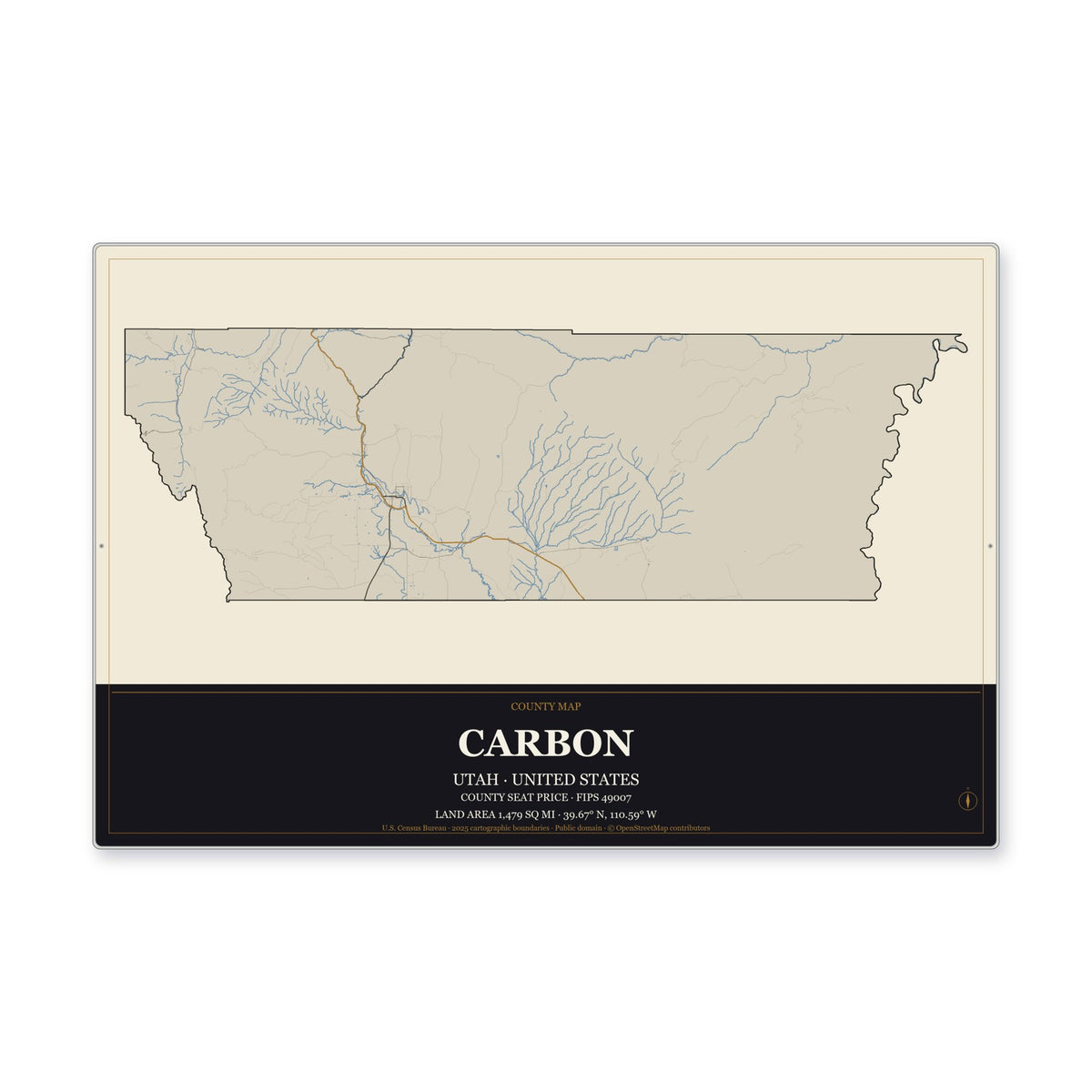 Carbon County, Utah Map Aluminum Sign in Museum Plaque style