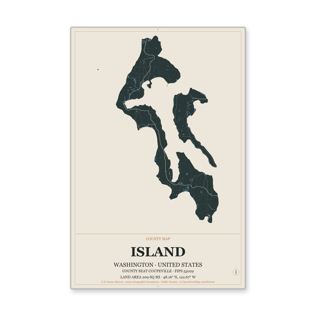 Island County, Washington Map Aluminum Sign in Headline Atlas style