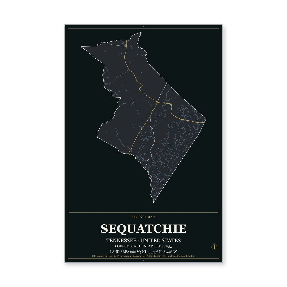 Sequatchie County, Tennessee Map Aluminum Sign in Metropolitan Noir style